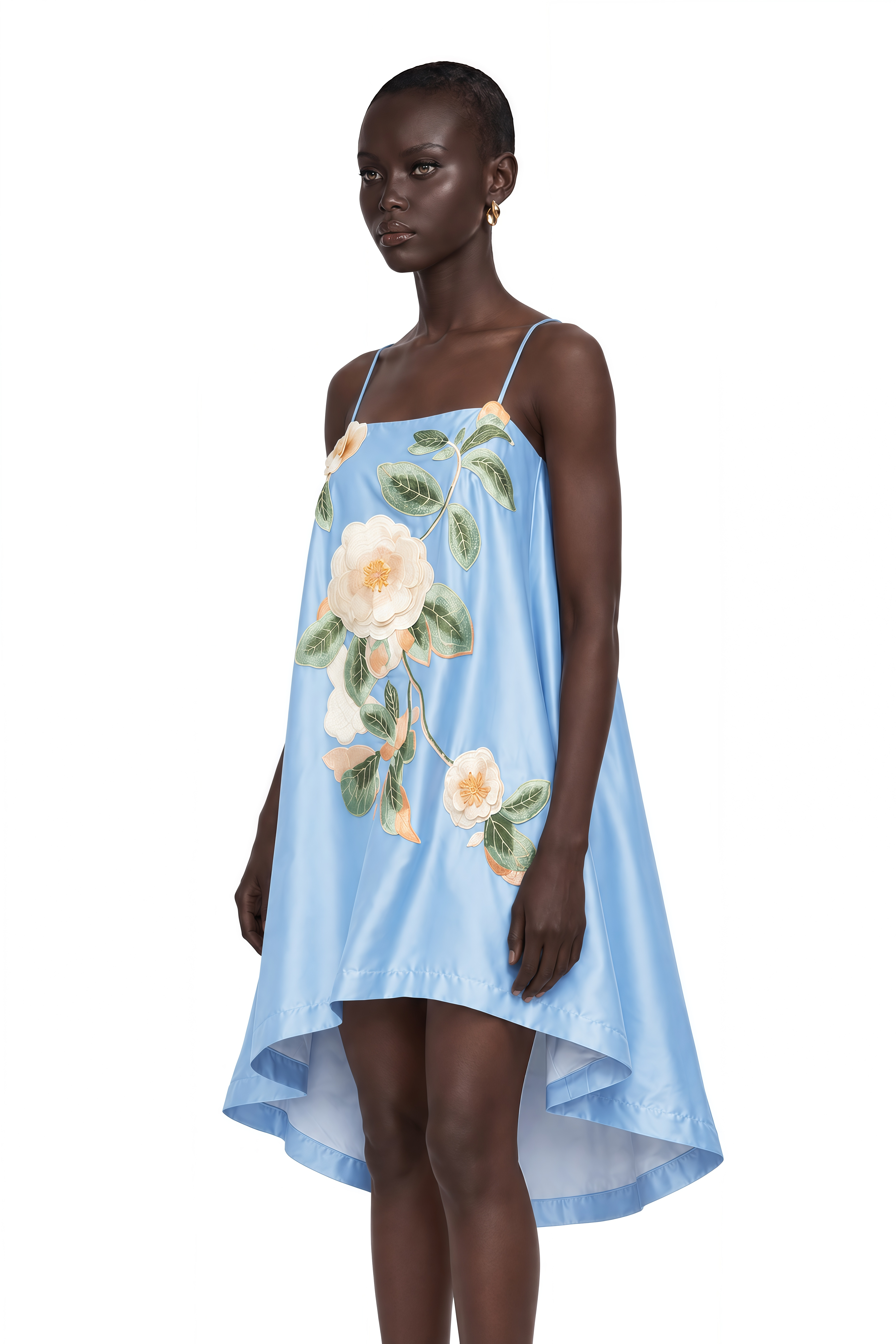 Avril Blue Floral Embroidered Satin Mini Dress
