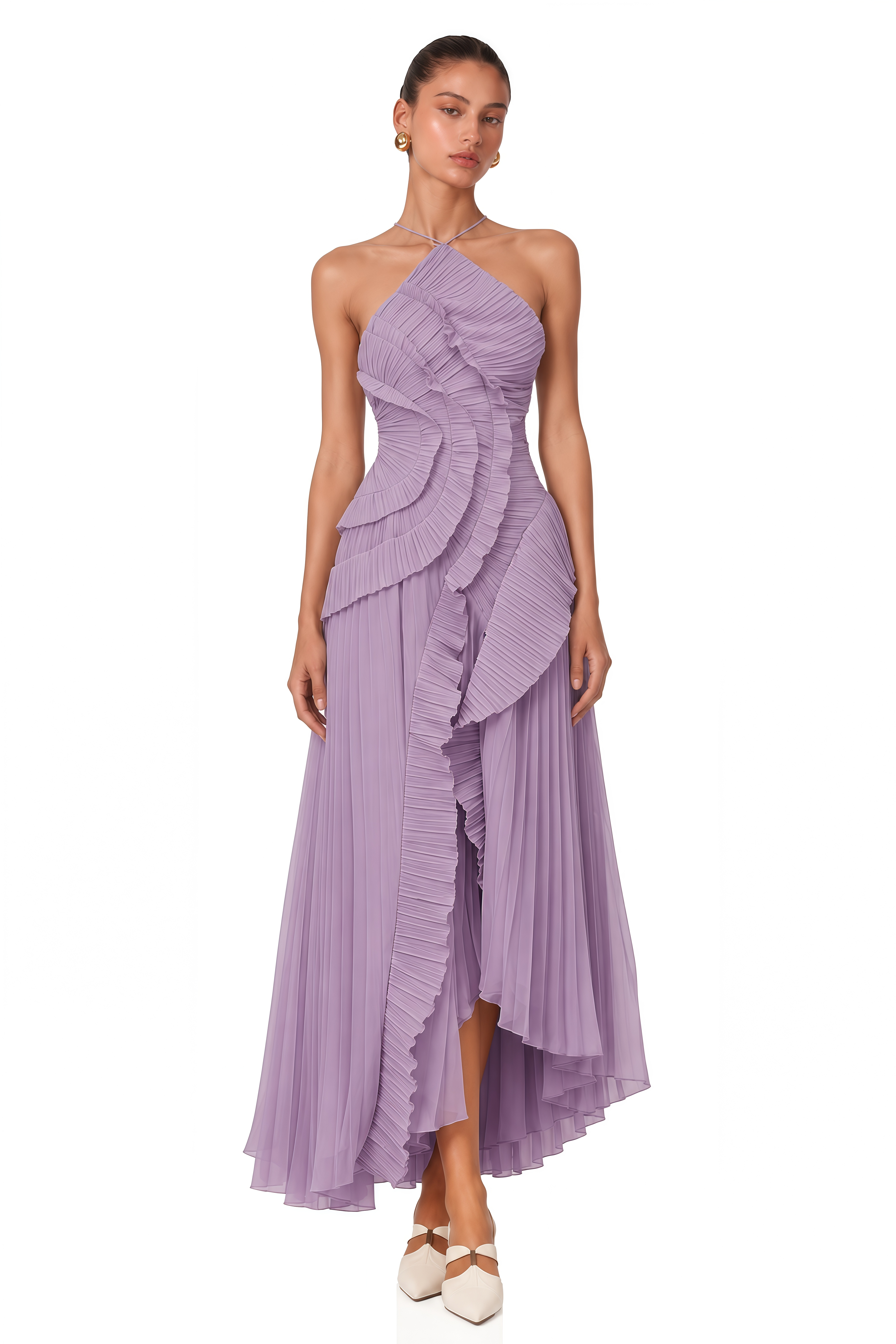 Doux Purple Ruffled Trim Pleated Midi Dress