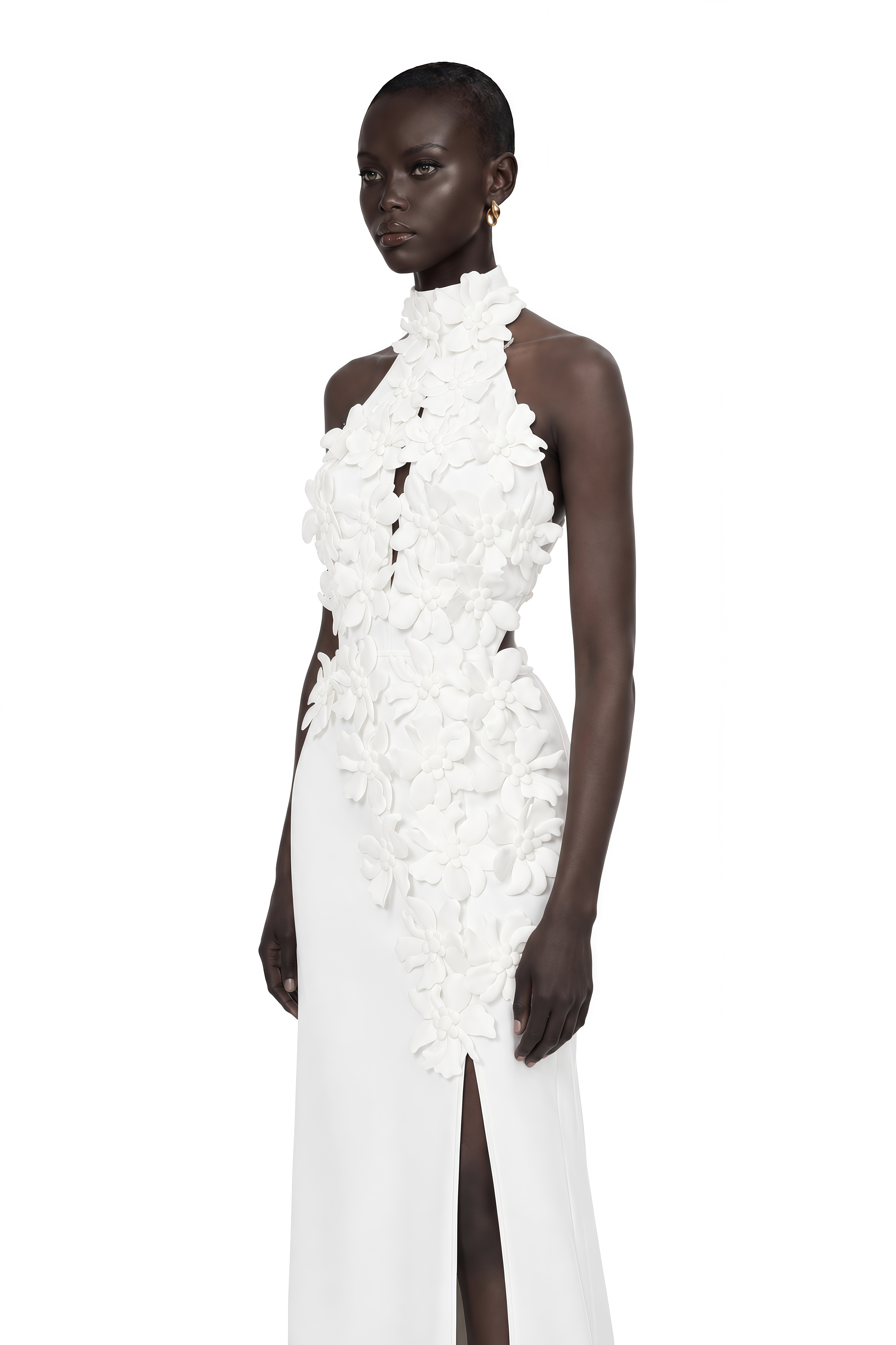 Brian White Halterneck 3D Petal Maxi Dress