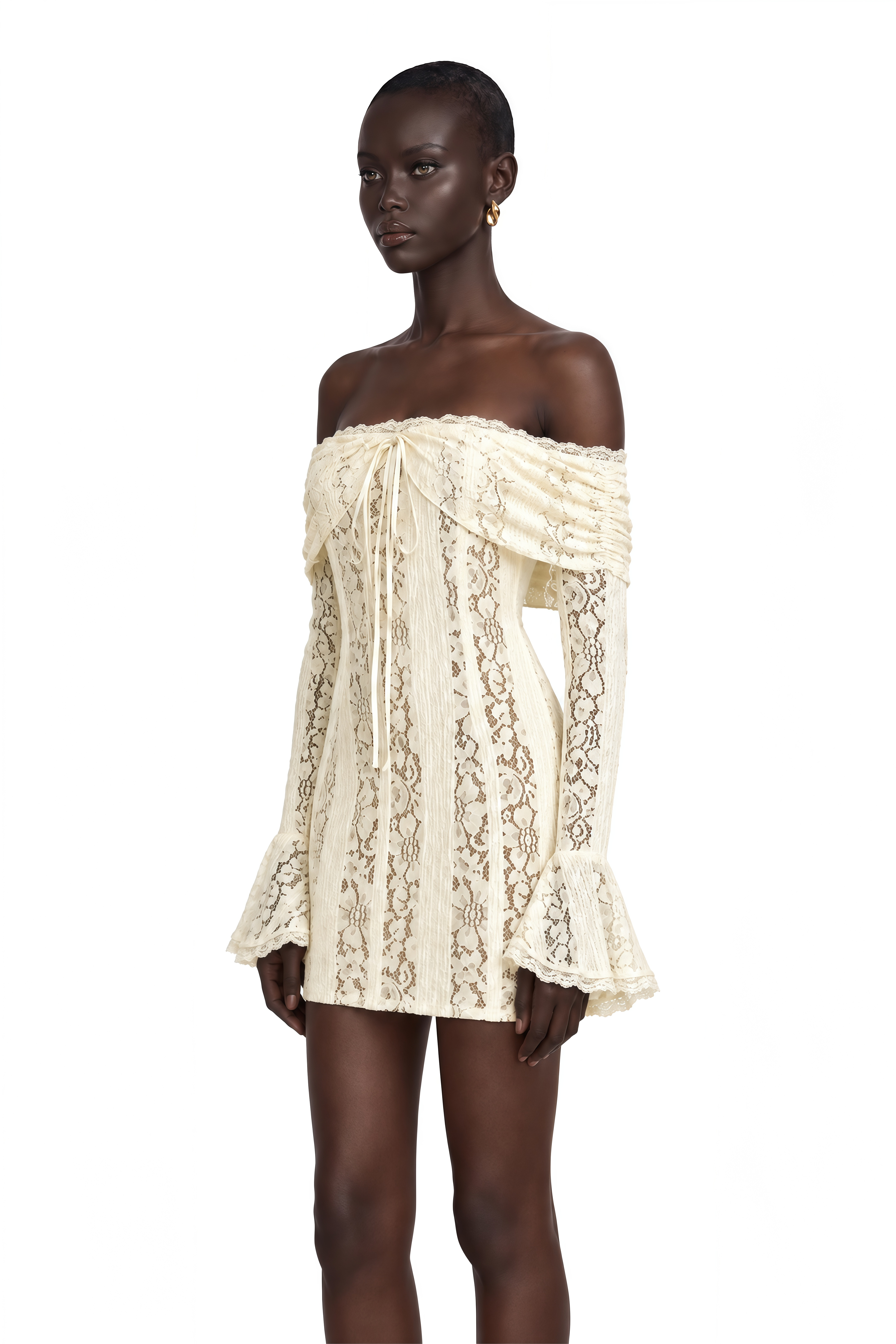 Émeline Floral Lace Flared-Cuff Mini Dress in Neutrals