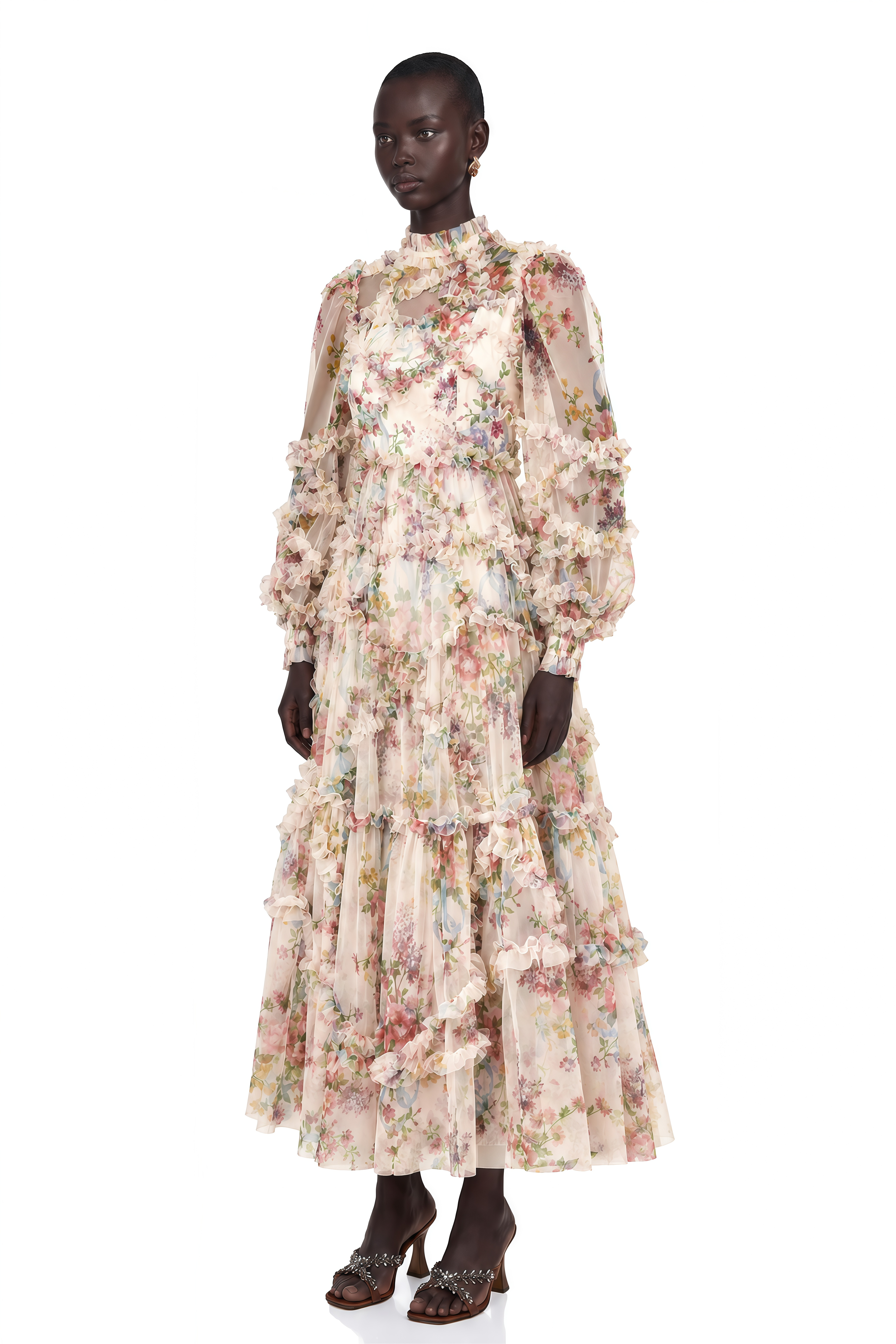 Candice Floral Ruffled Tulle Midi Dress