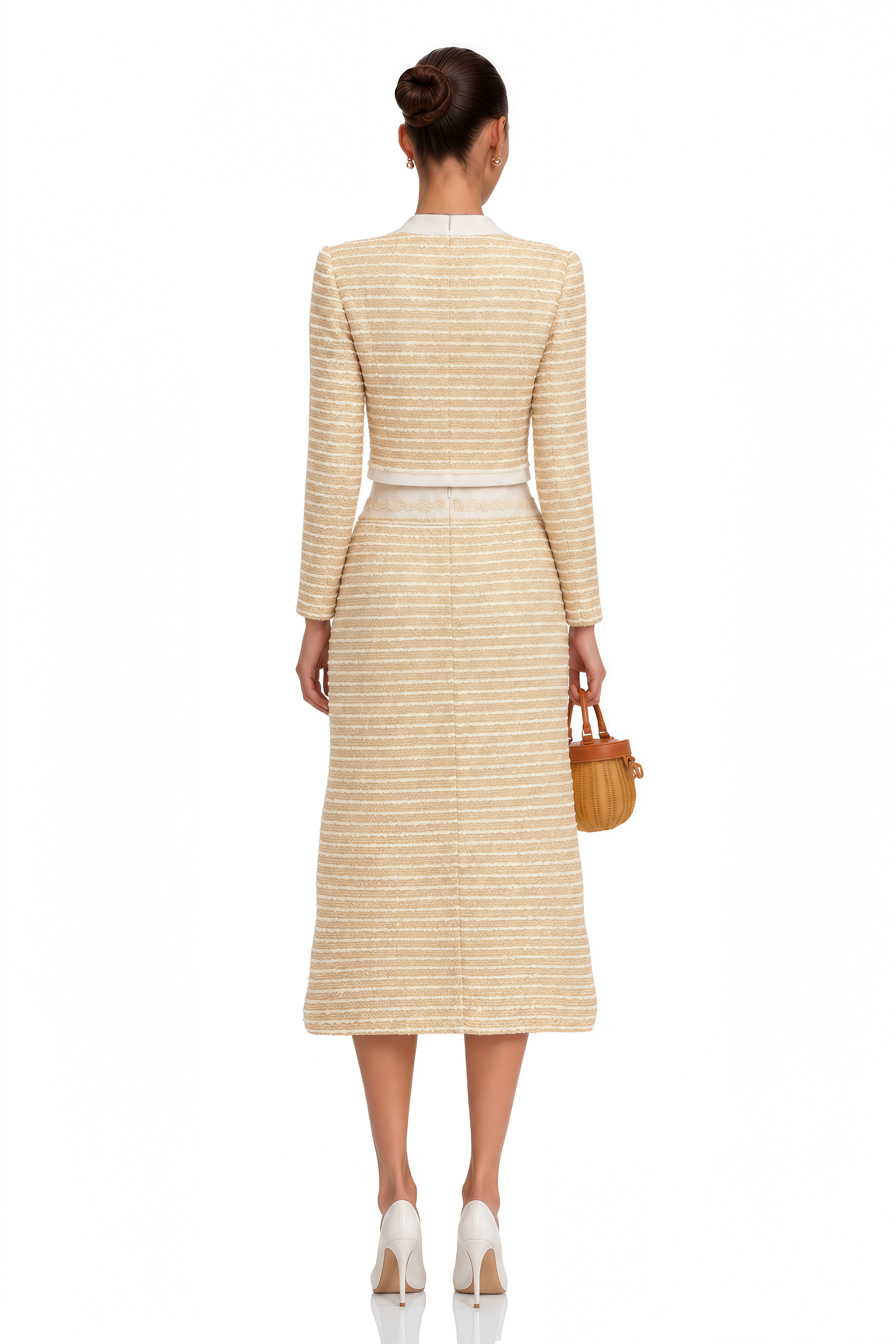 Catalina Neutral Floral Jacquard Tweed Jacket & Skirt Set