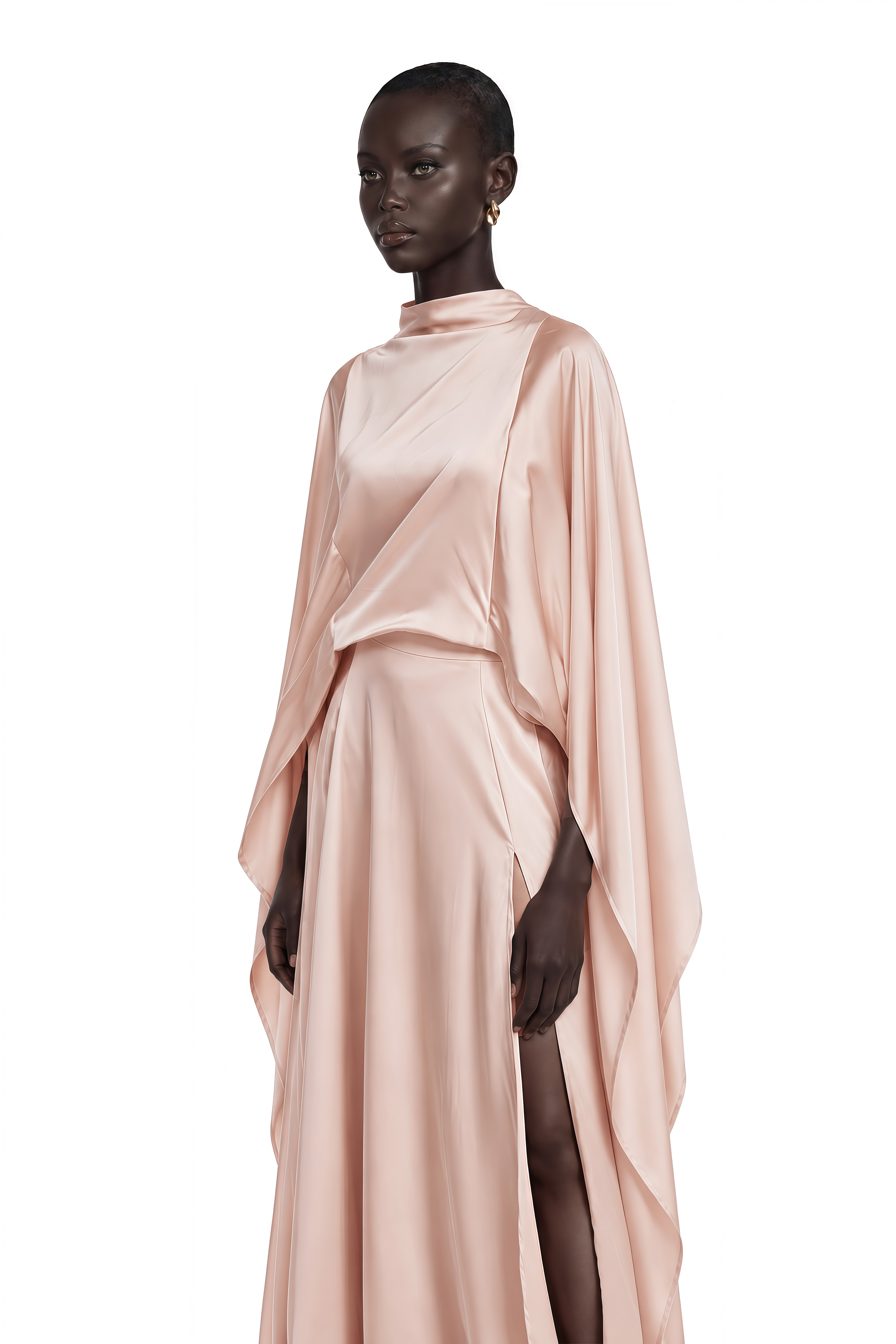 Everleigh Champagne Satin Top & Skirt Set With Cape Detail