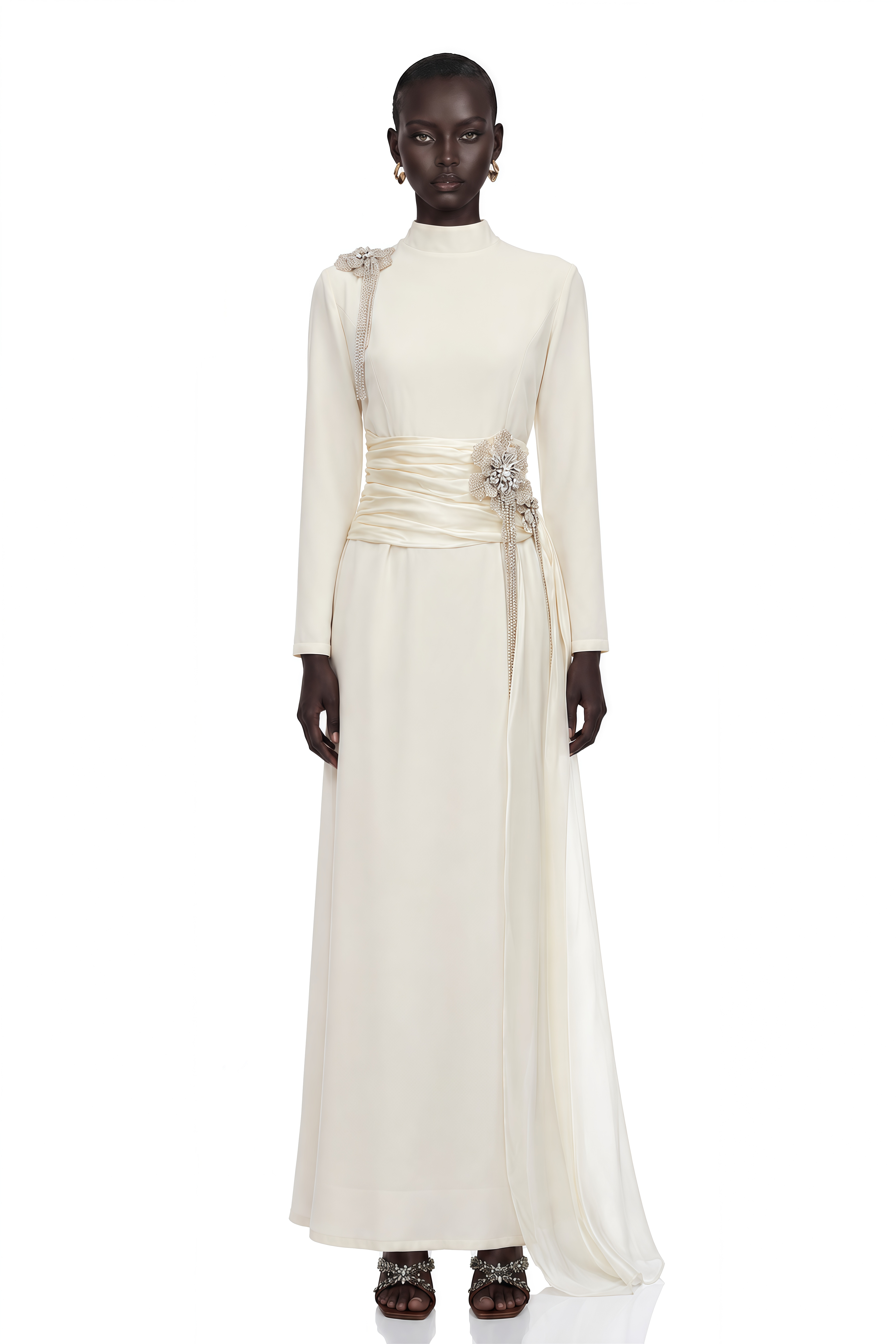 Marguerite Off White Embellished Ribbon Maxi Dress