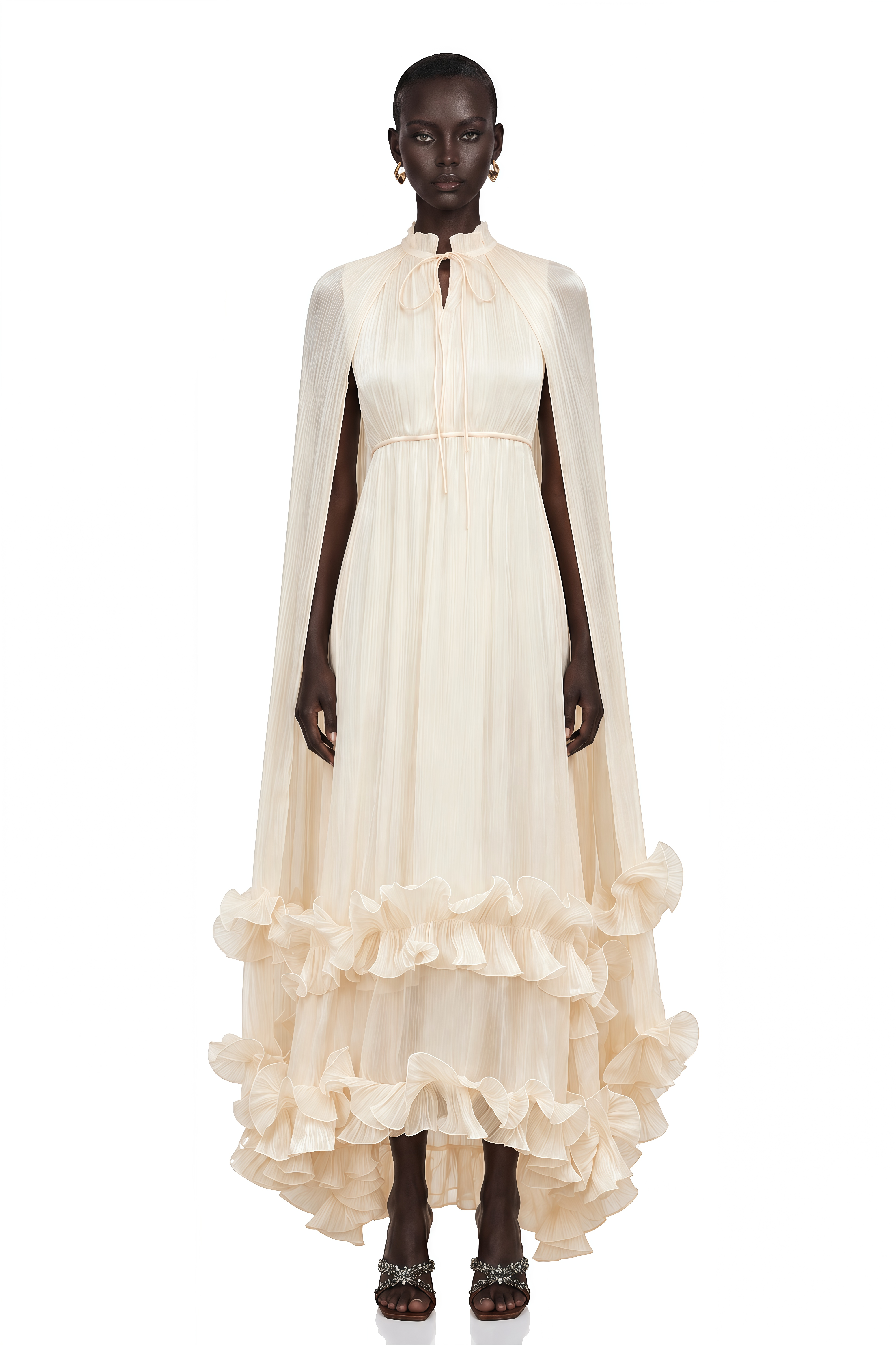 Intemporelle Neutral Cape Pleated Midi Dress