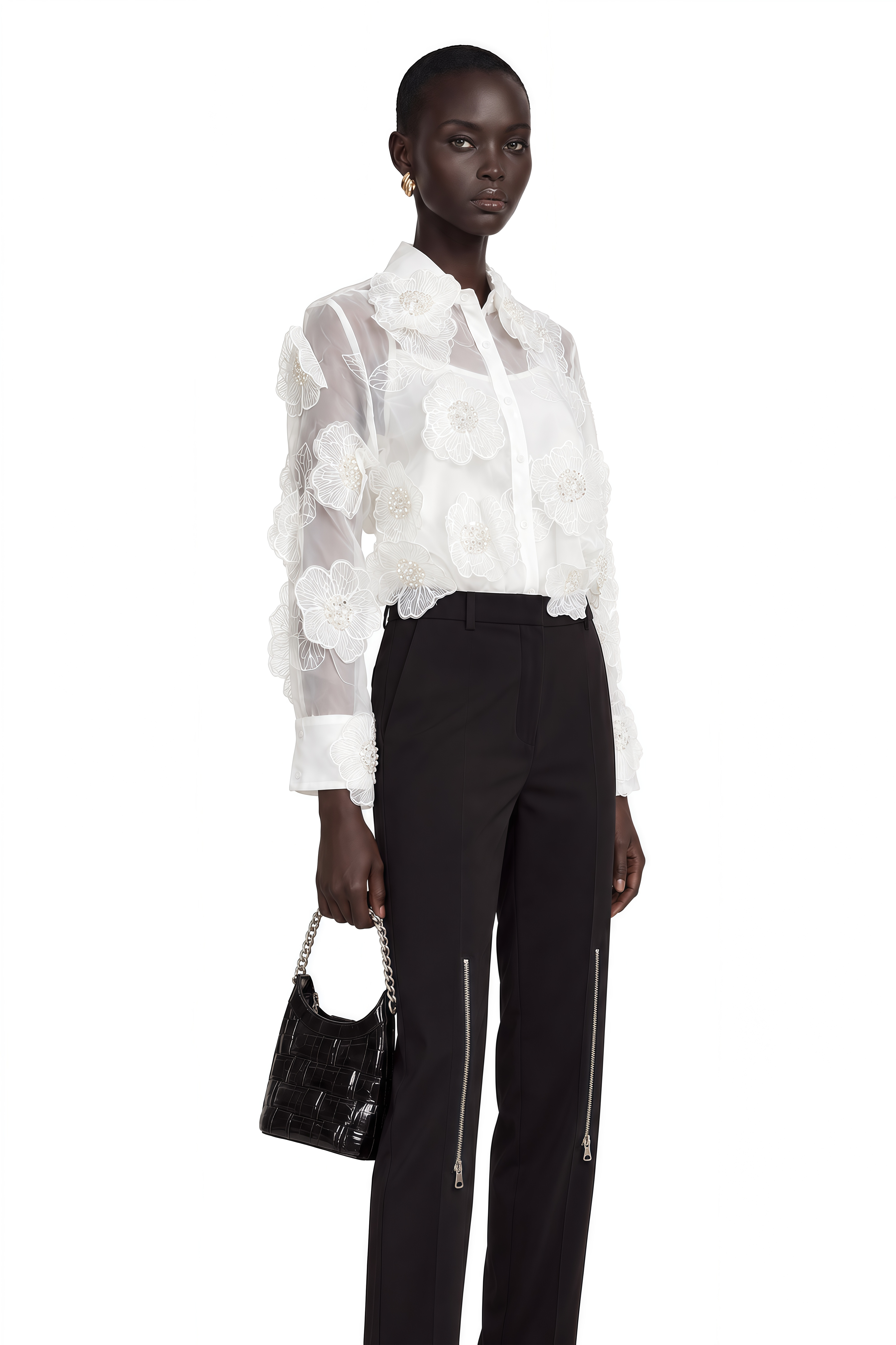 Béatrix White Embellished Semi-Sheer Shirt