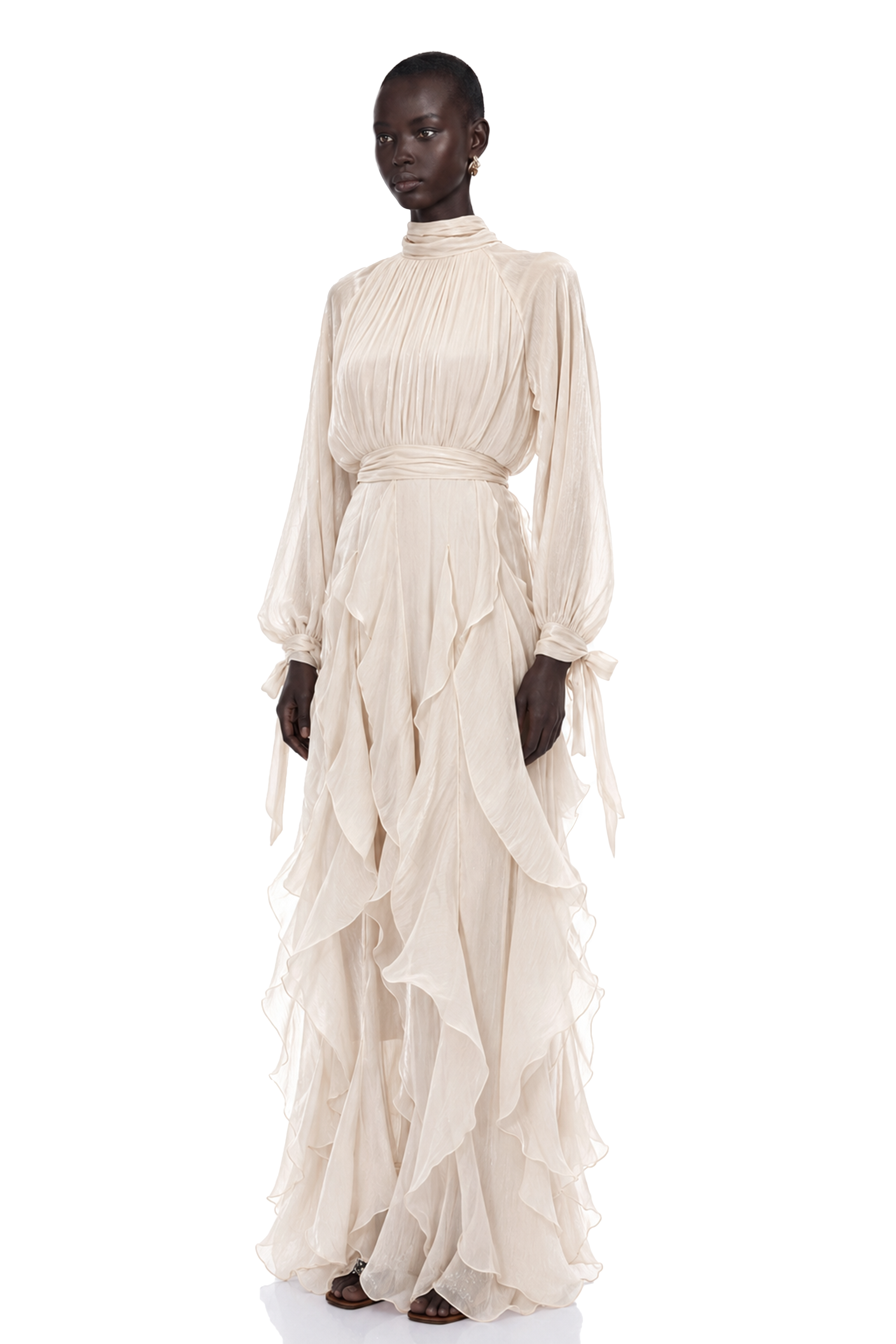 Zélie Neutral Glossy Pleated Ruffled Maxi dress