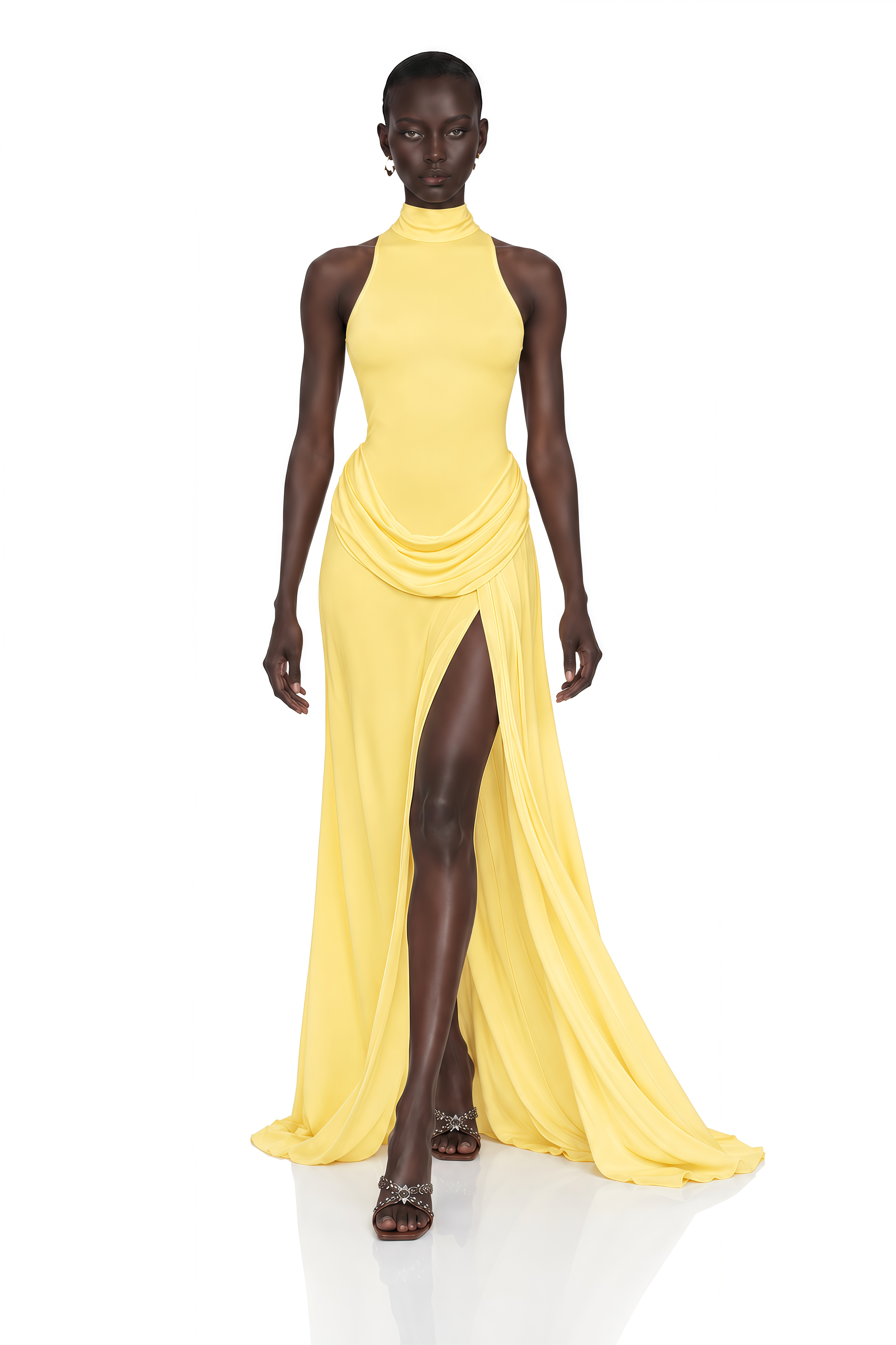 Mystérieuse Yellow Turtleneck Draped Maxi Dress