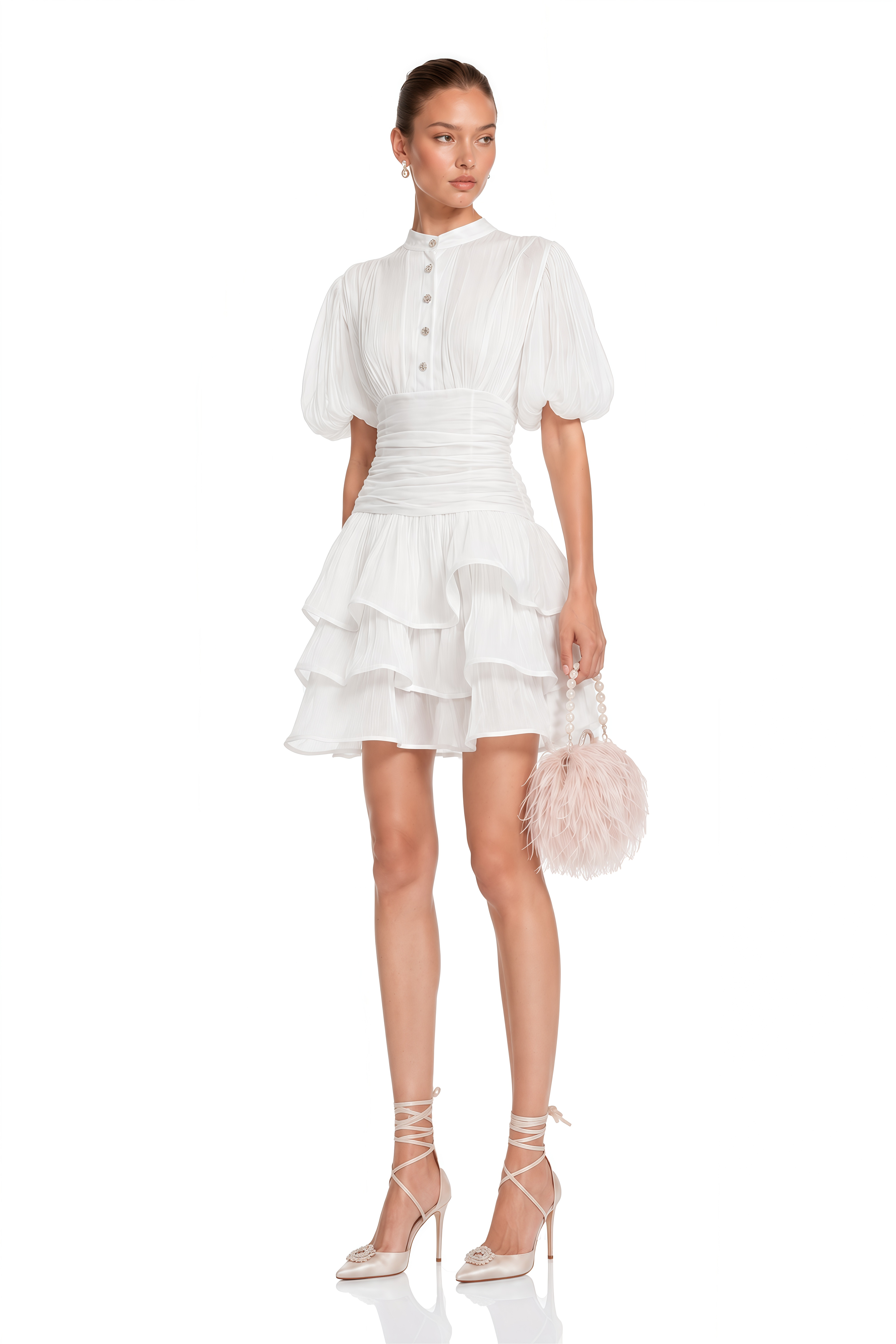 Emersyn White High-Neck Ruffled Detail Mini Dress