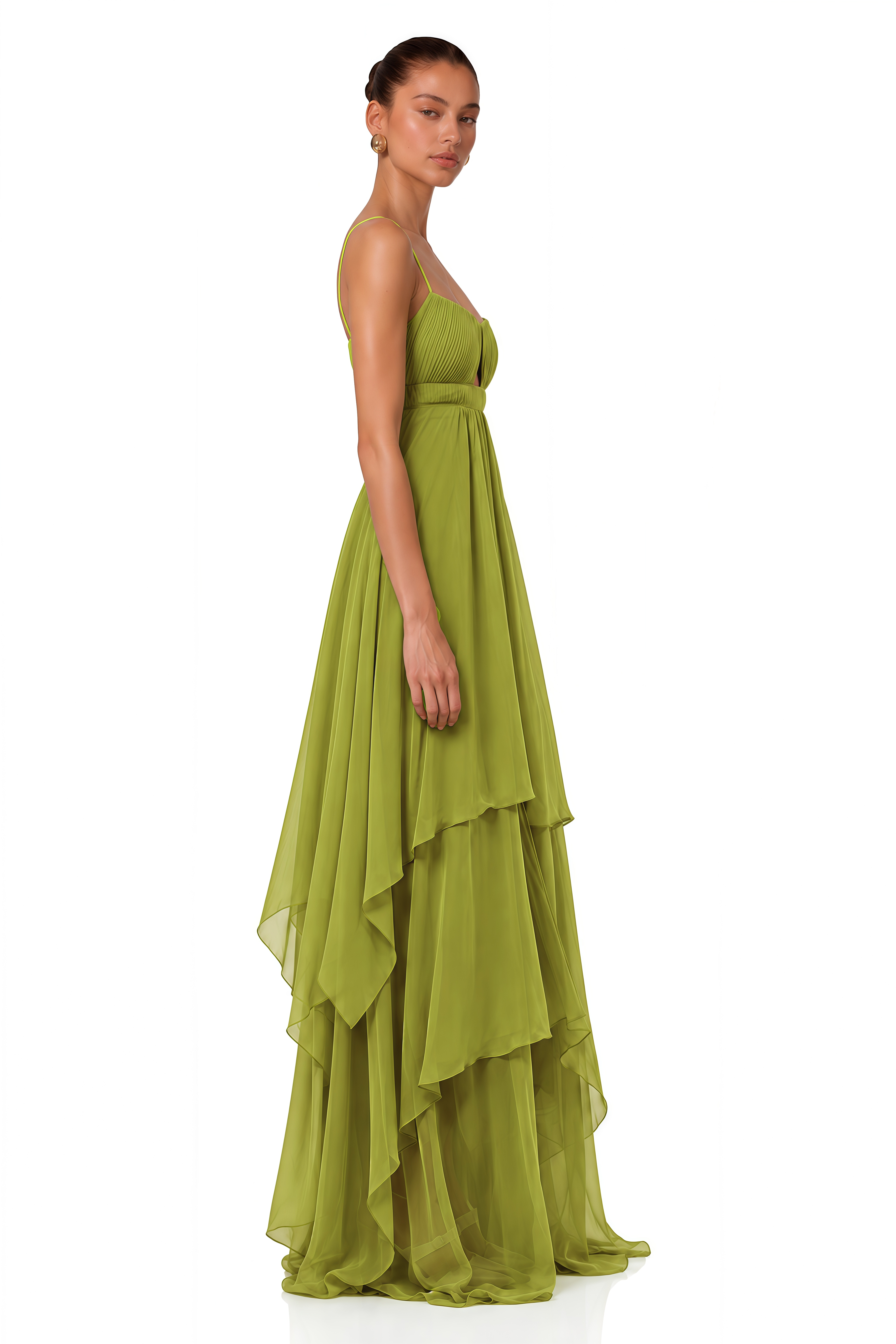 Lilliana Olive Green Tiered Maxi Dress with Cut-Outs