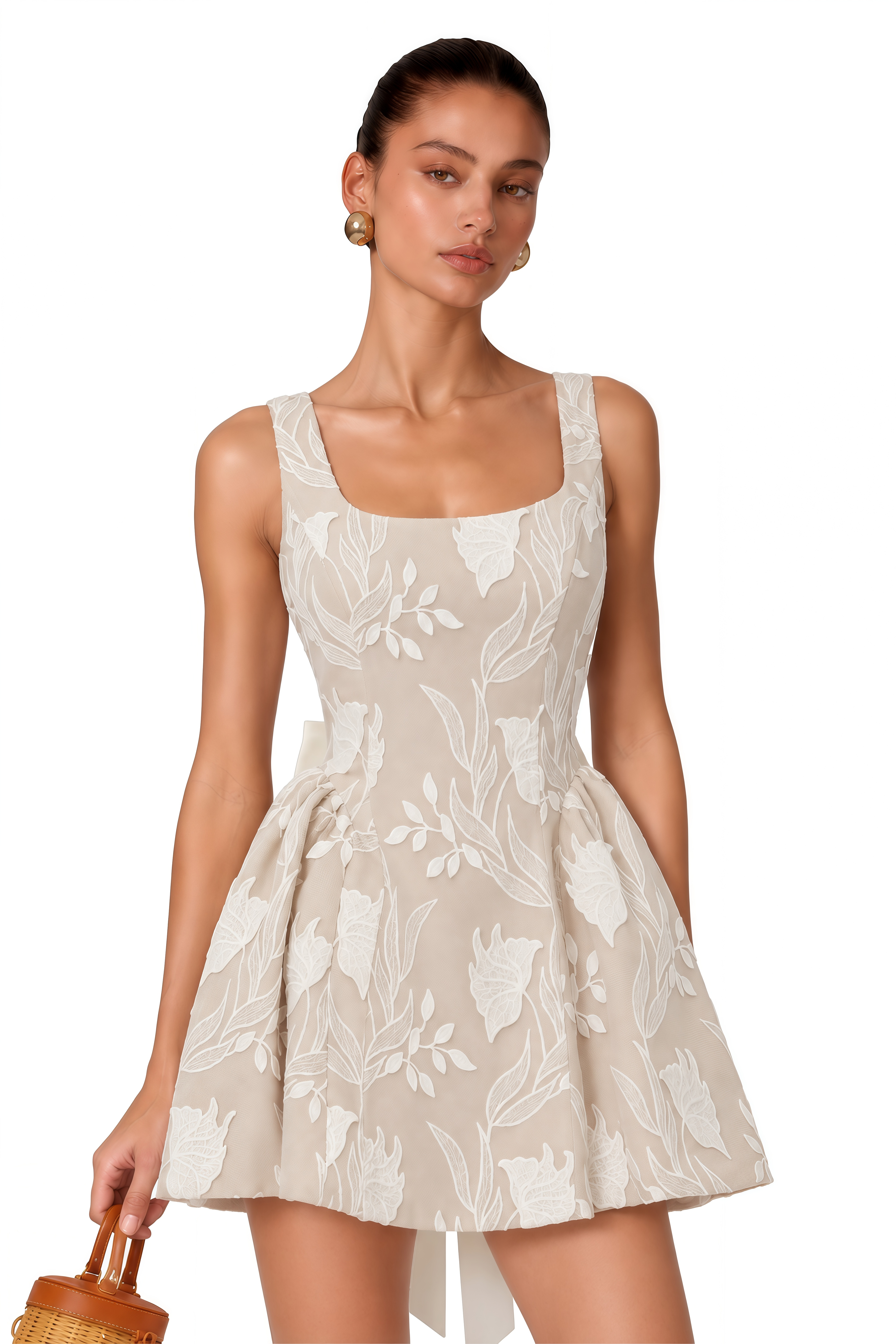 Giuliana Cream Square Neck Floral Print Mini Dress