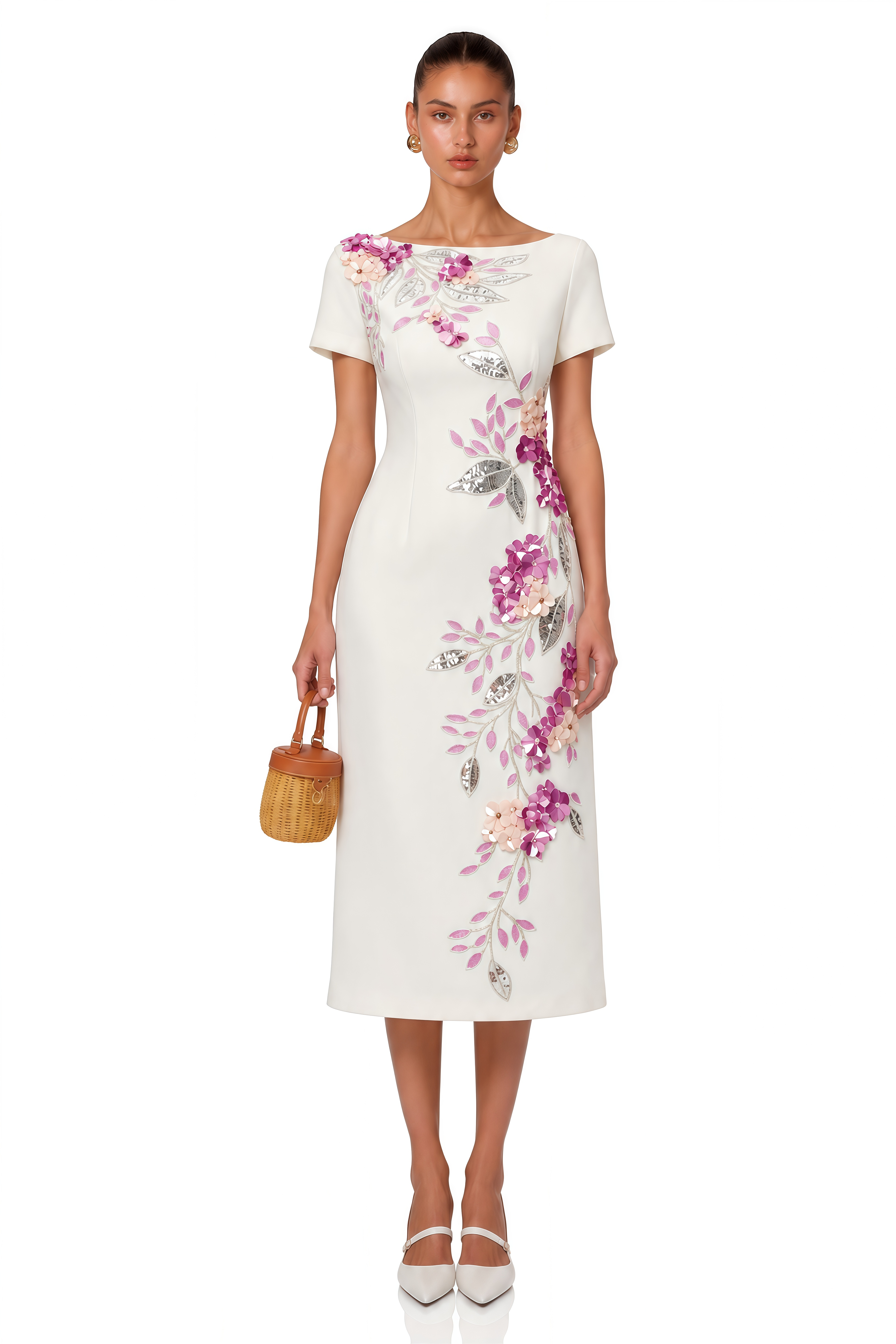 Althea White Short Sleeves Midi Dress with 3D Florals