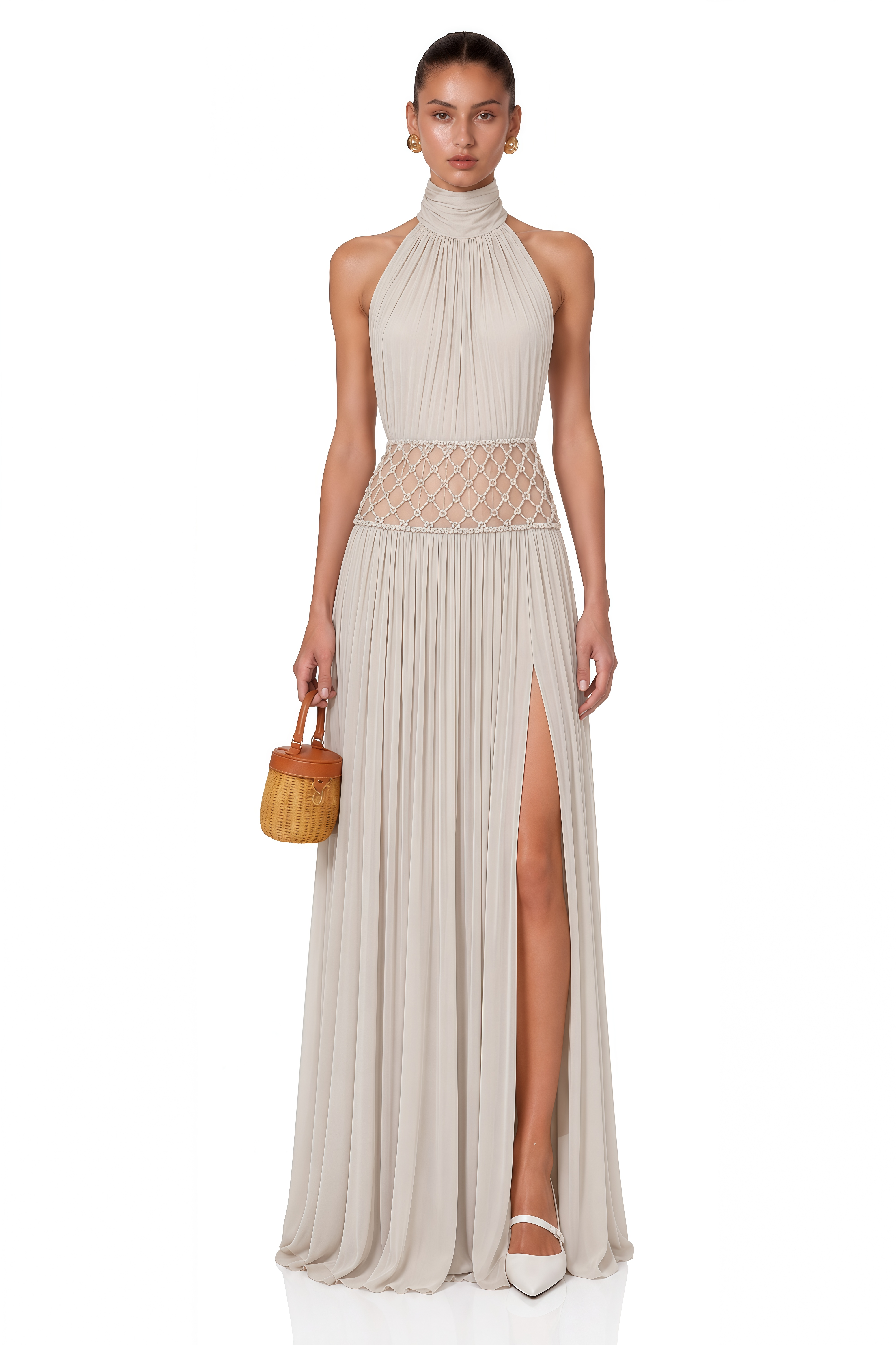 Sophie Almond Grey Embellished Ruched Maxi Dress
