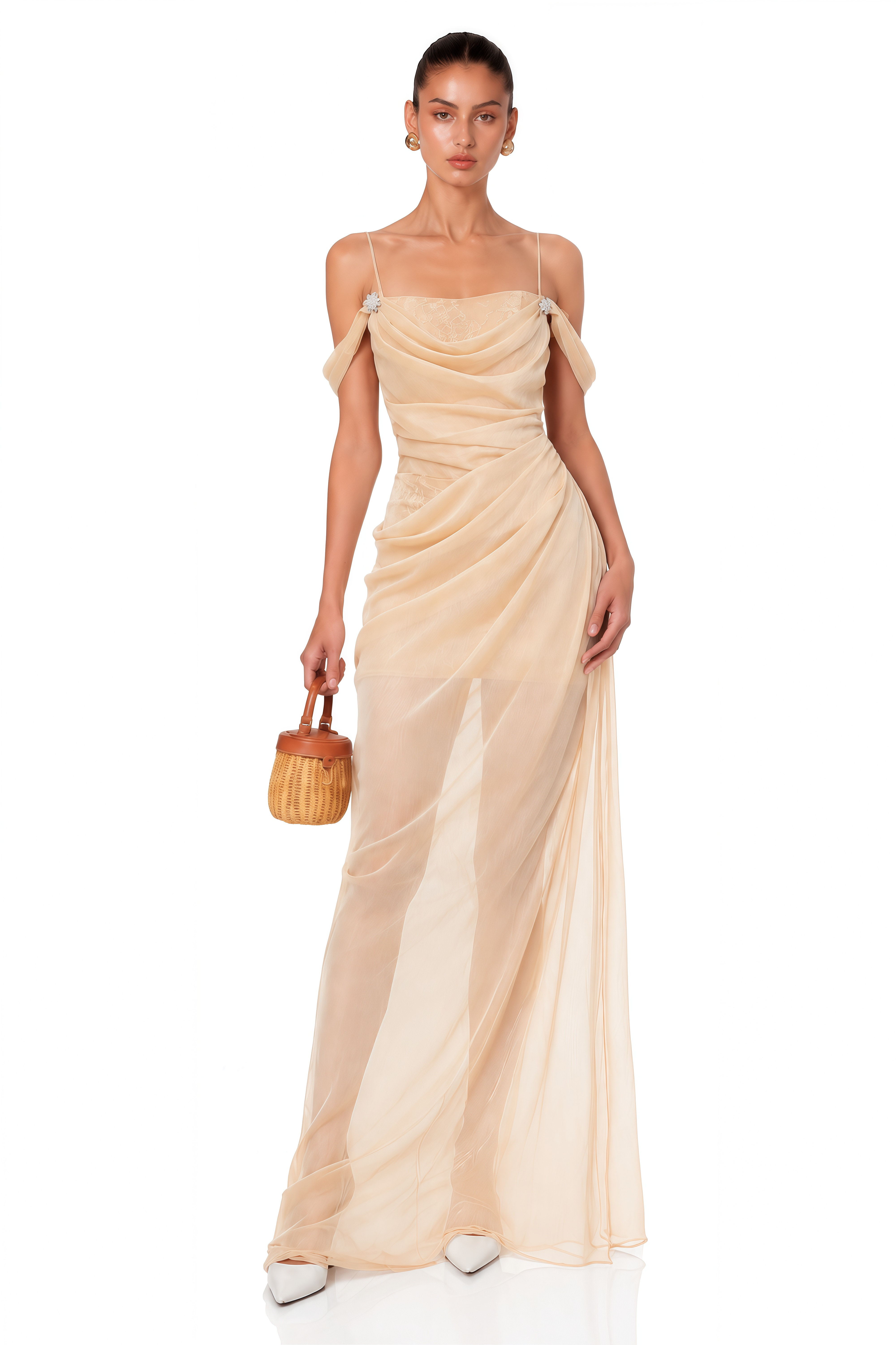 Lucrezia Neutral Lace-Panelled Ruched Maxi Dress
