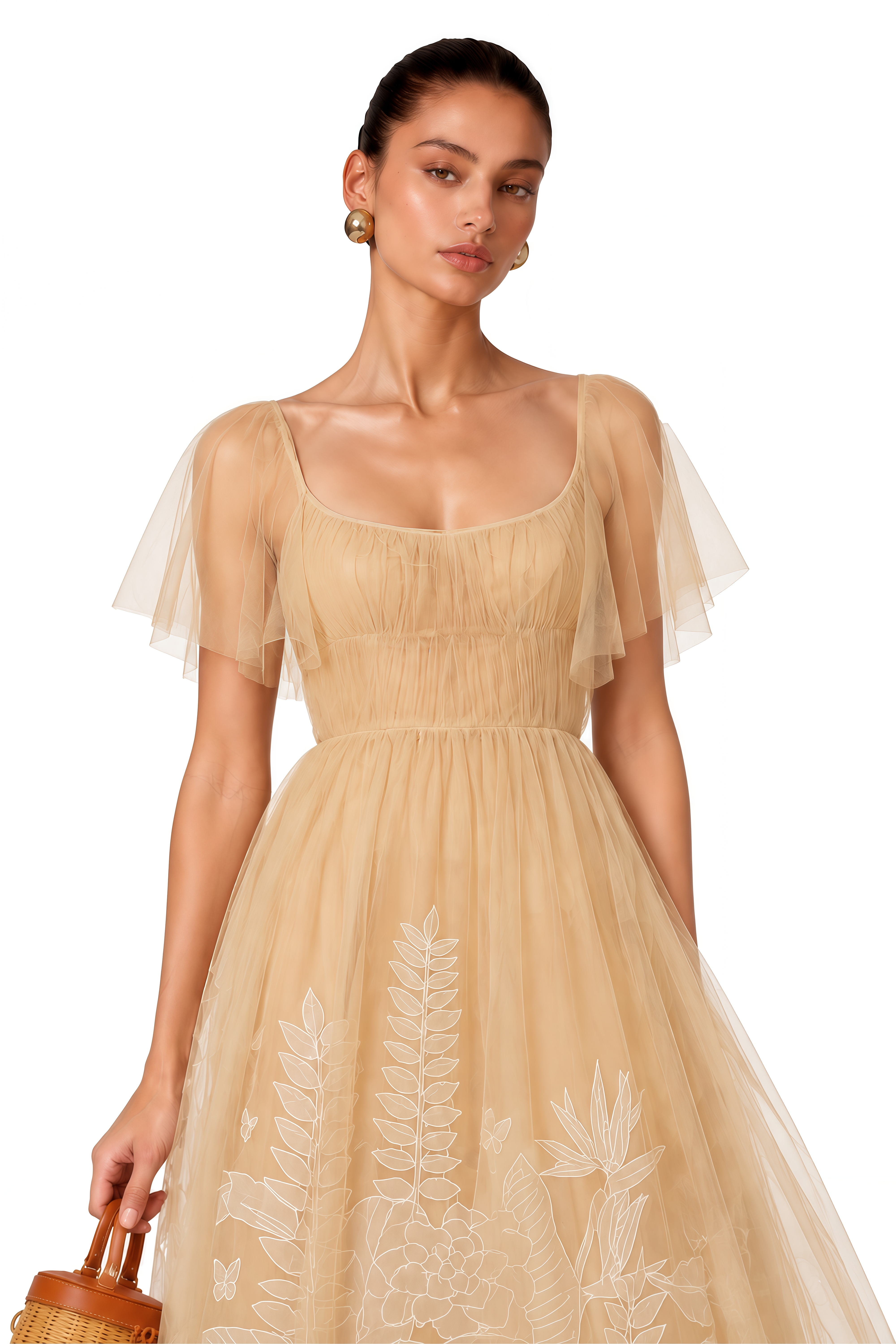 Blanka Neutral Pleated Jacquard Tulle Midi Dress
