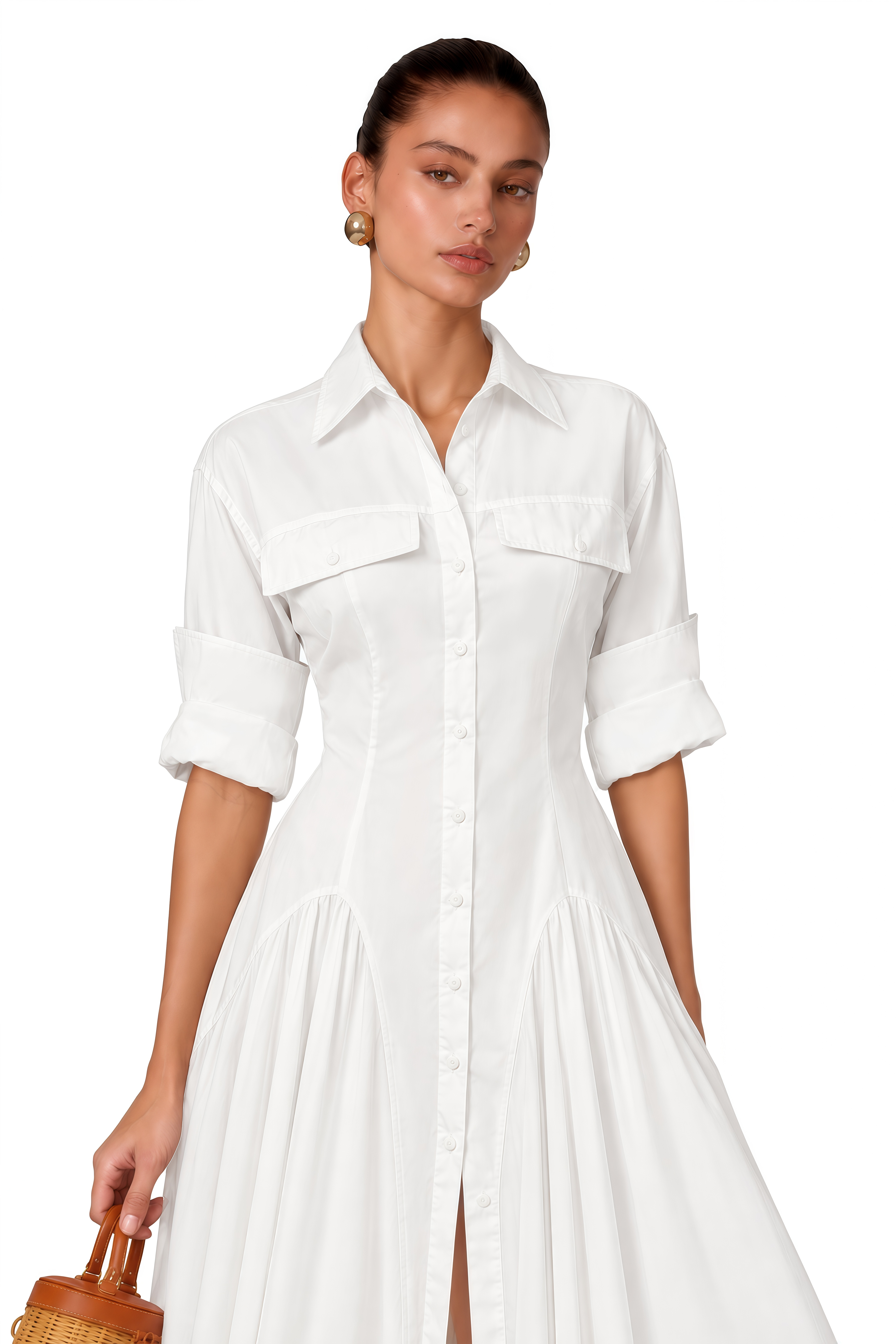 Dulcie White Front-Slit Shirred Shirt Dress