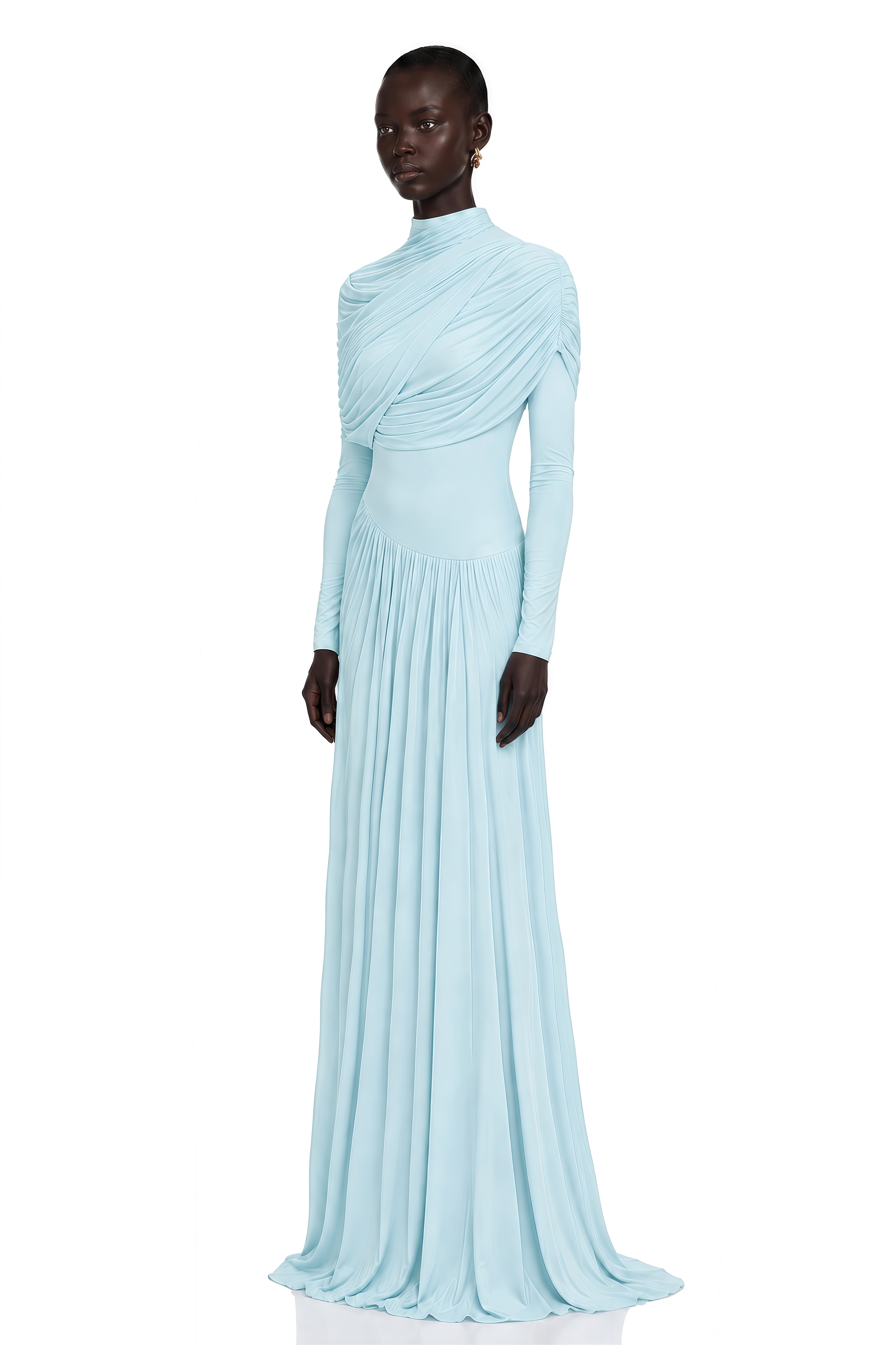 Catherine Baby-Blue Asymmetrical Pleated Long-Sleeve Maxi Dress