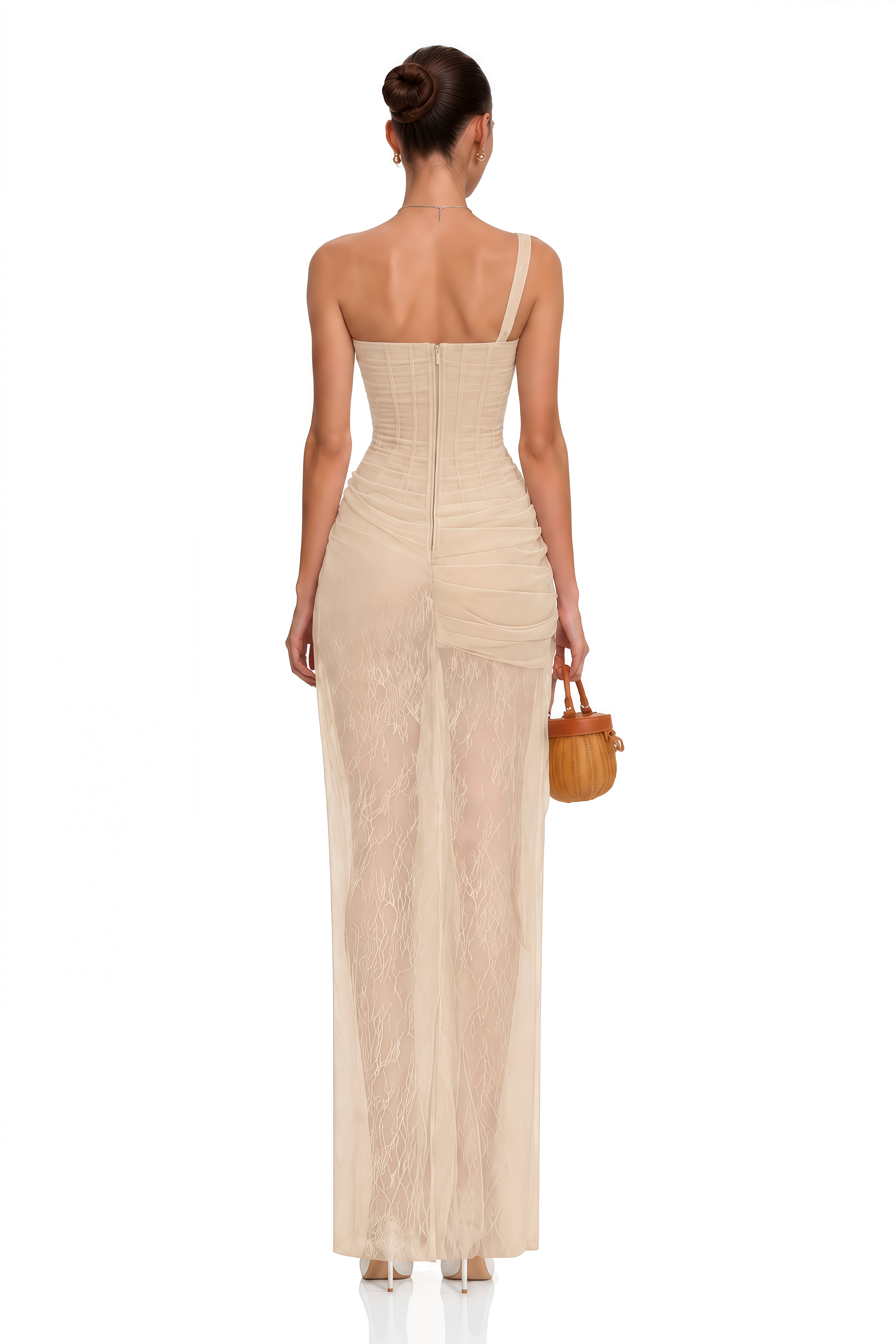 Juno Neutral Pleated Mesh Midi Dress