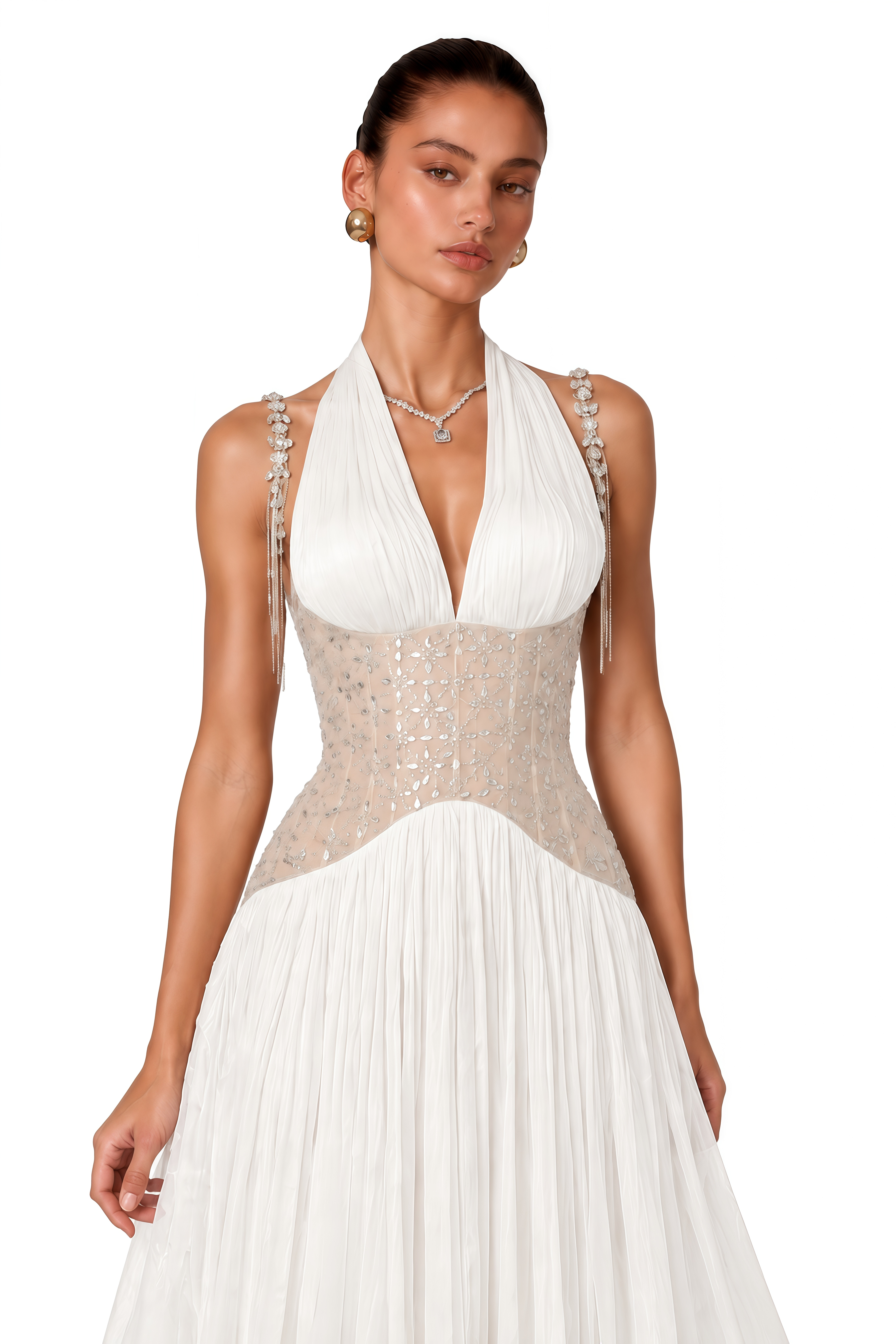 Gwenaëlle White Rhinestone Panel Maxi Dress
