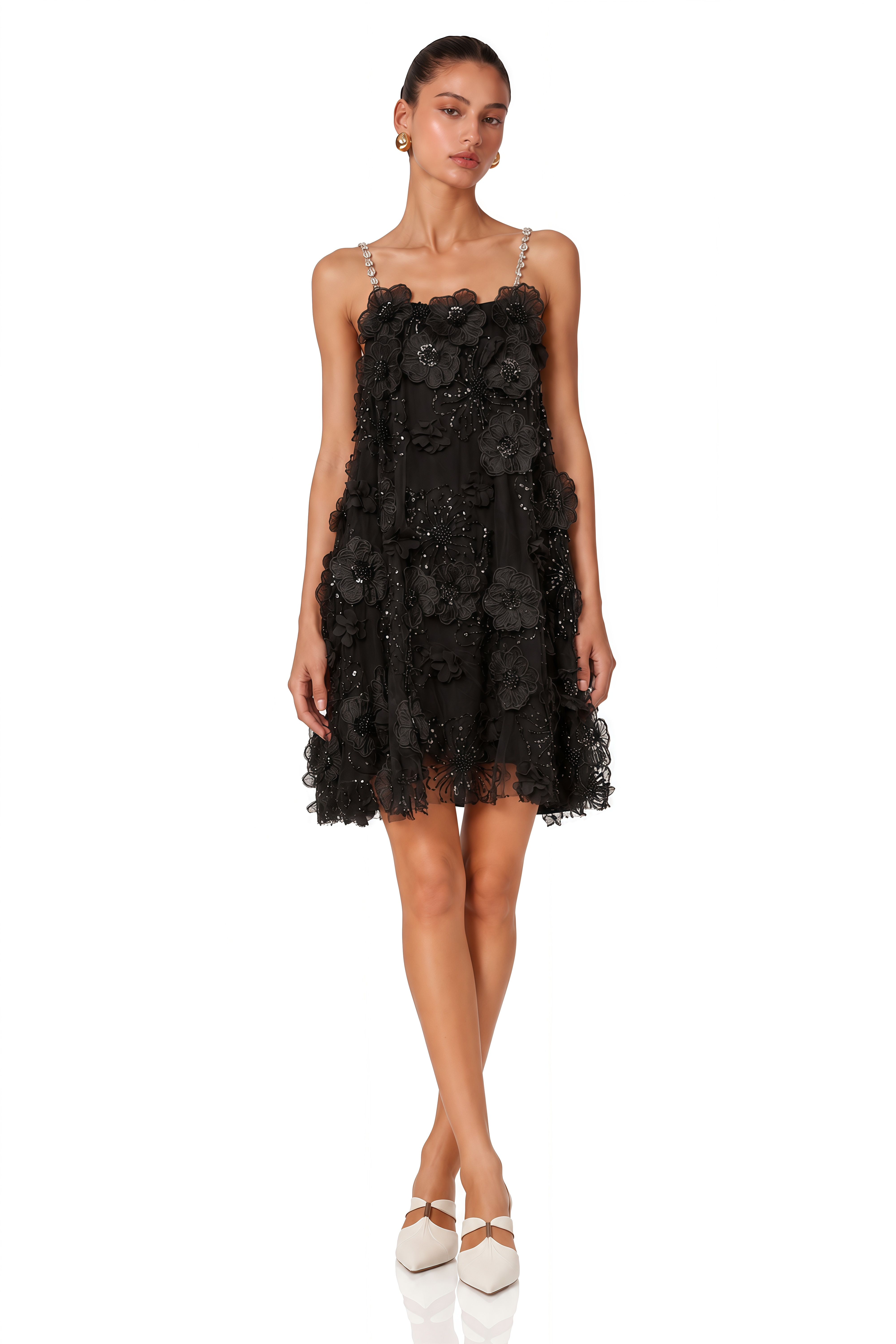 Suzette Crystal-Embellished Floral Mini Dress in Black