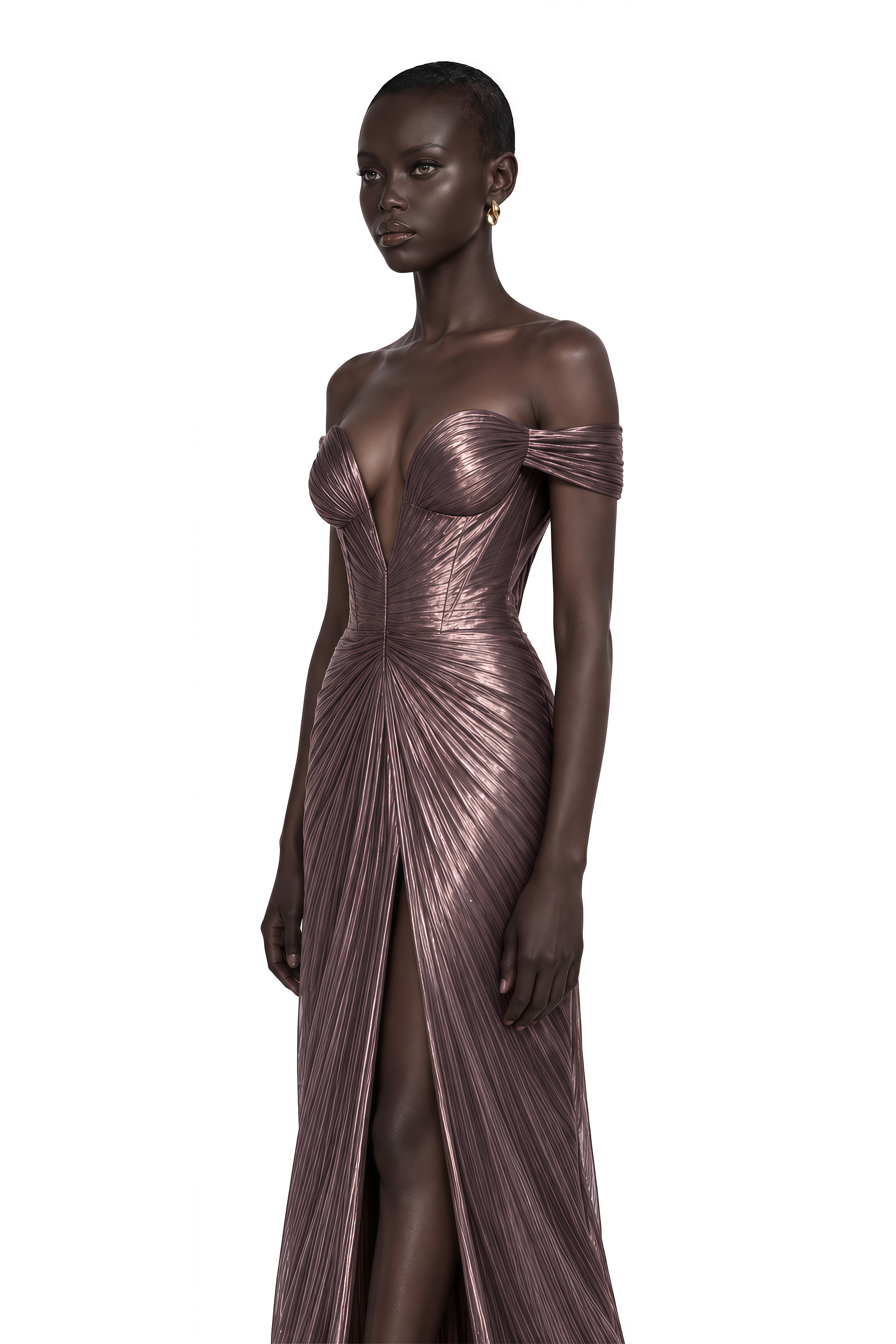 Pérola Bronze Gold Metallic Off Shoulder Maxi Dress