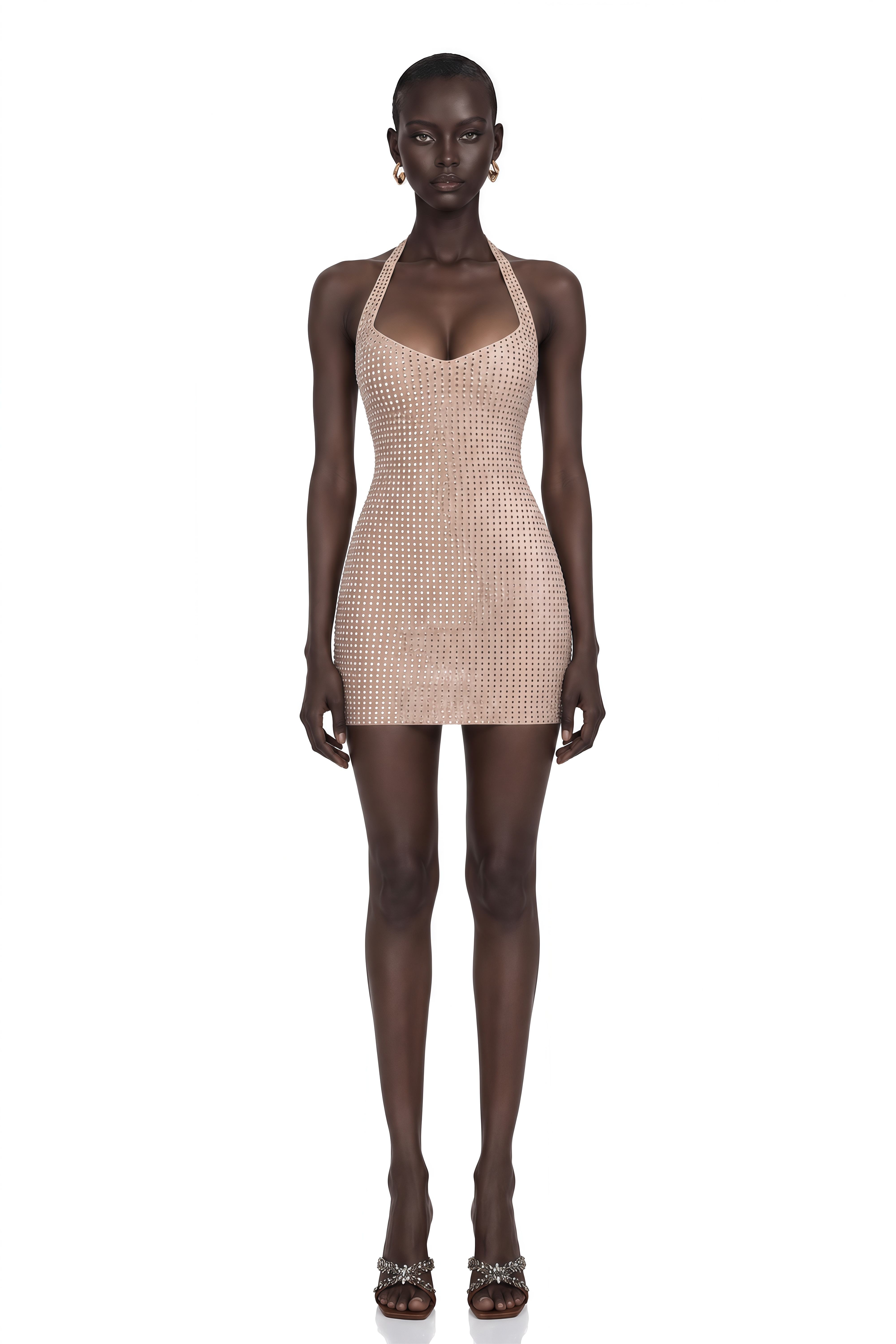 Luminita Neutral Halterneck Rhinestone Mini Dress