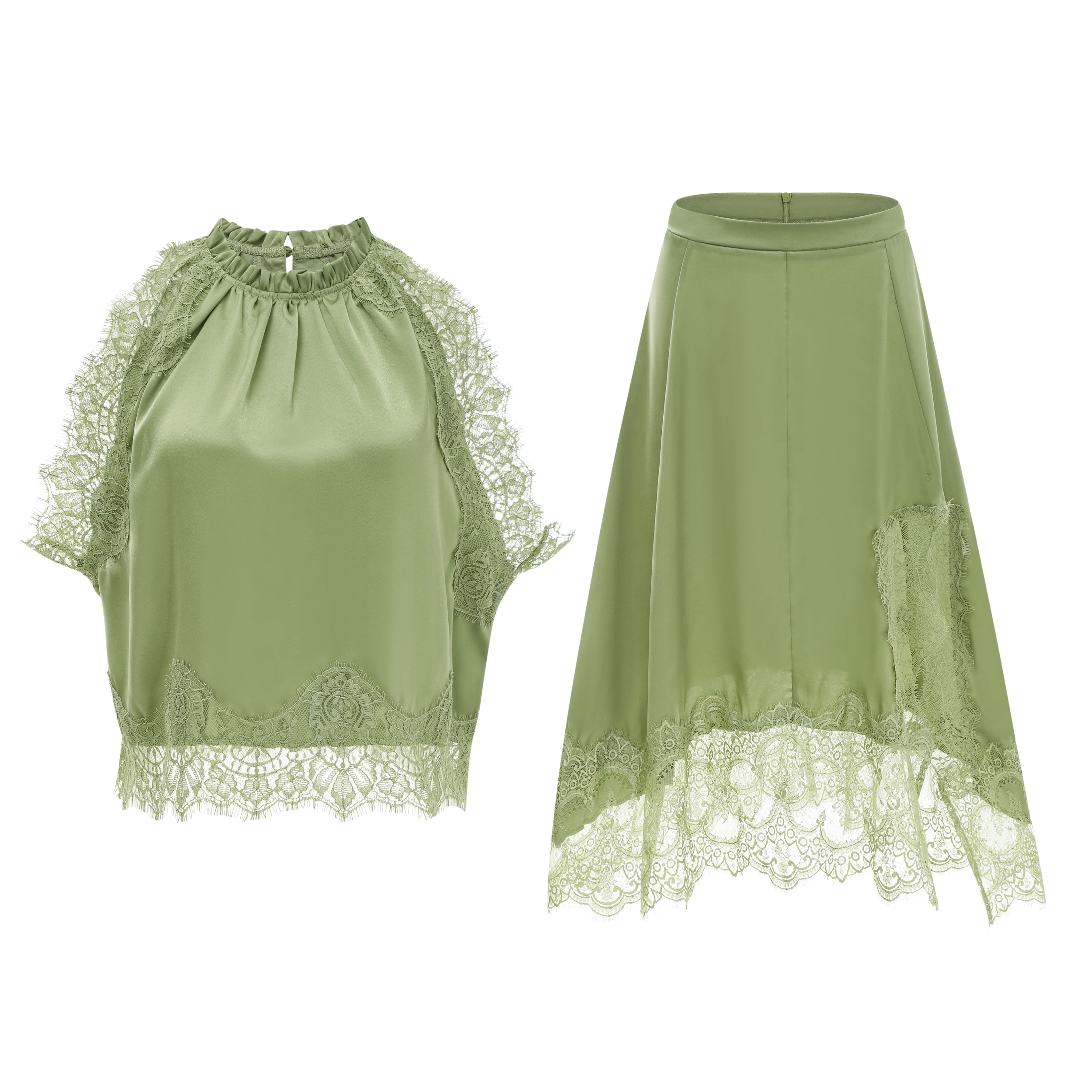 Lace Top & Lace Hankerchief Skirt in Sage