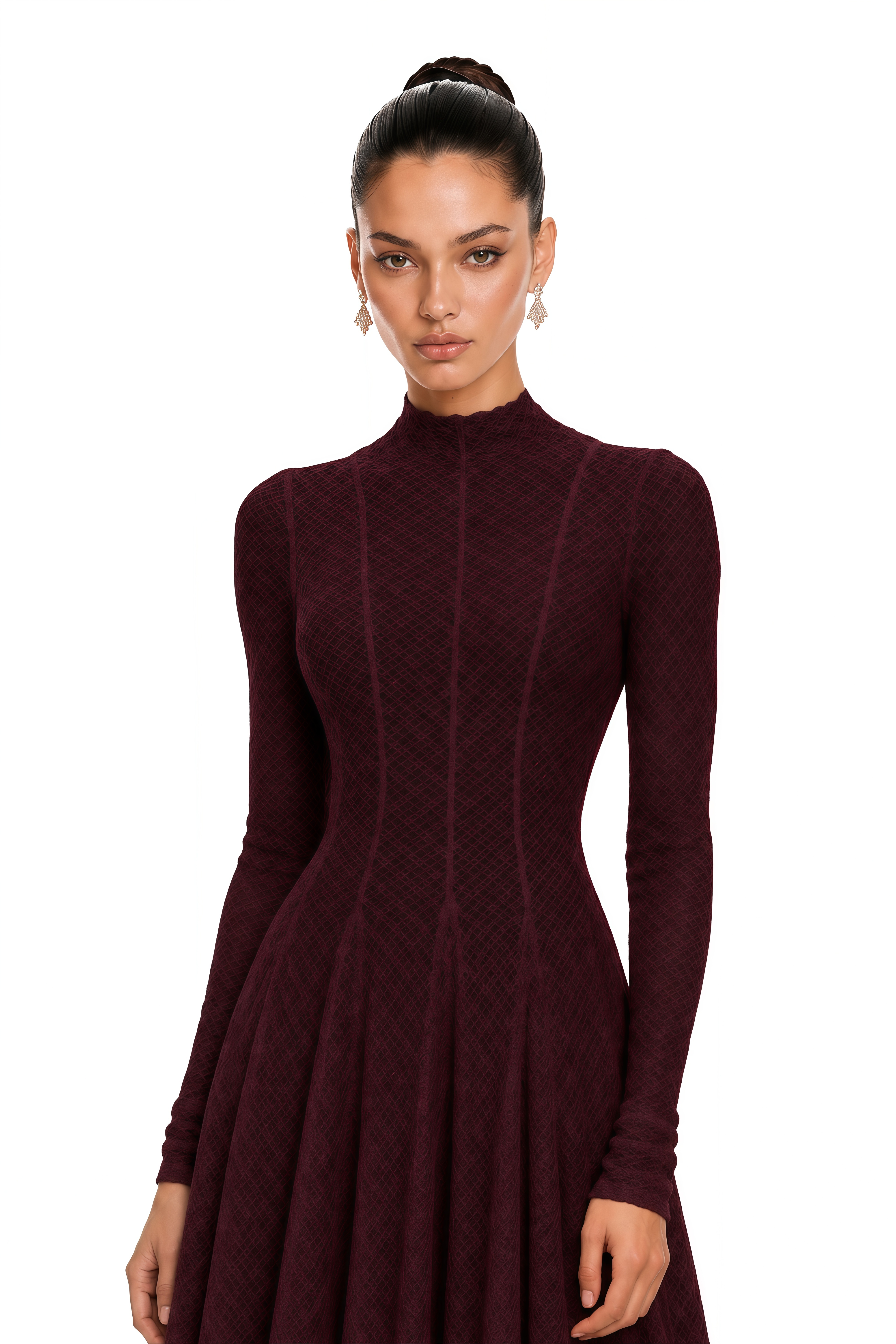 Athena Wavy-Pattern Lace Maxi Dress in Red