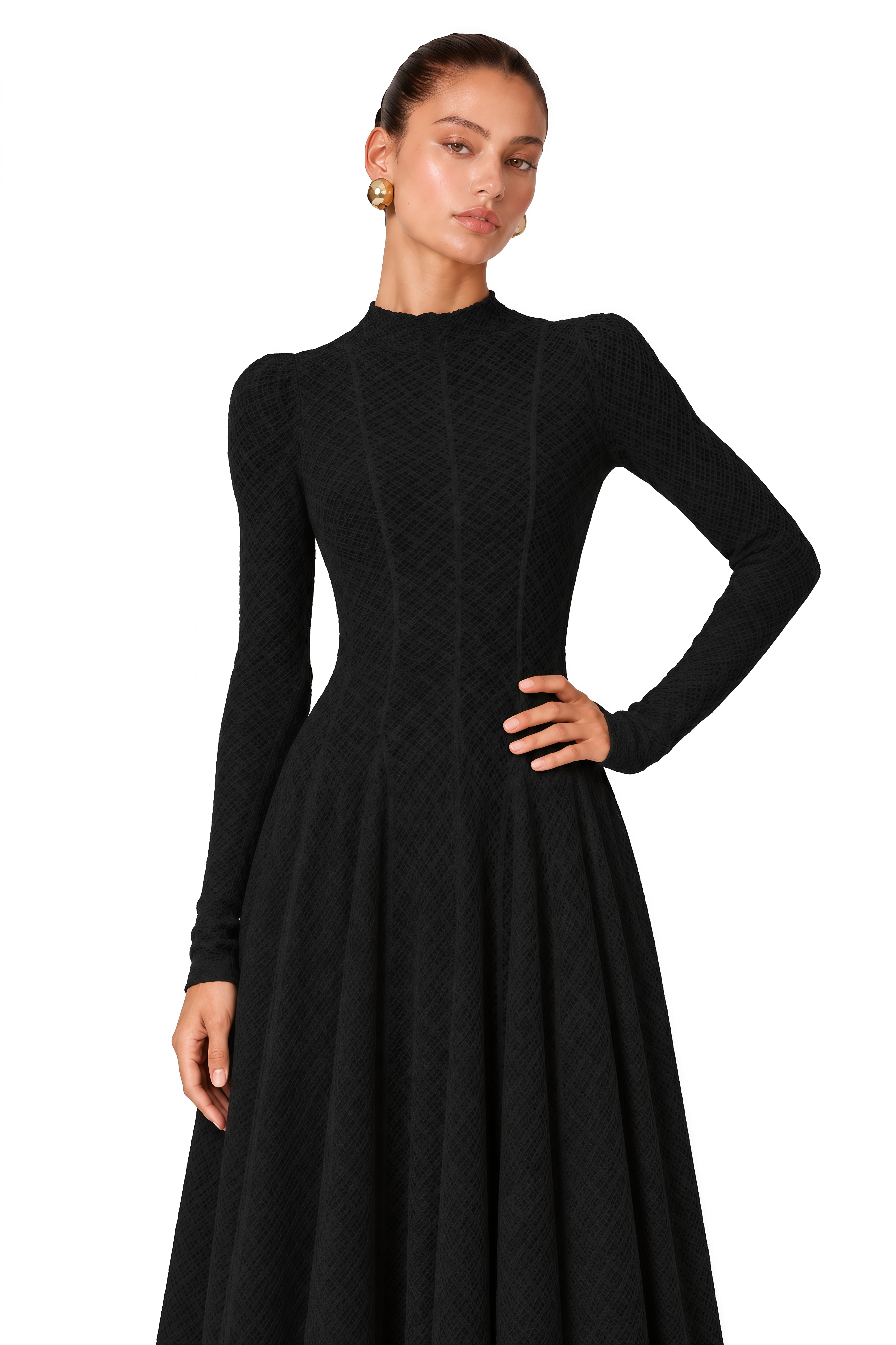 Athena Wavy-Pattern Lace Maxi Dress in Black
