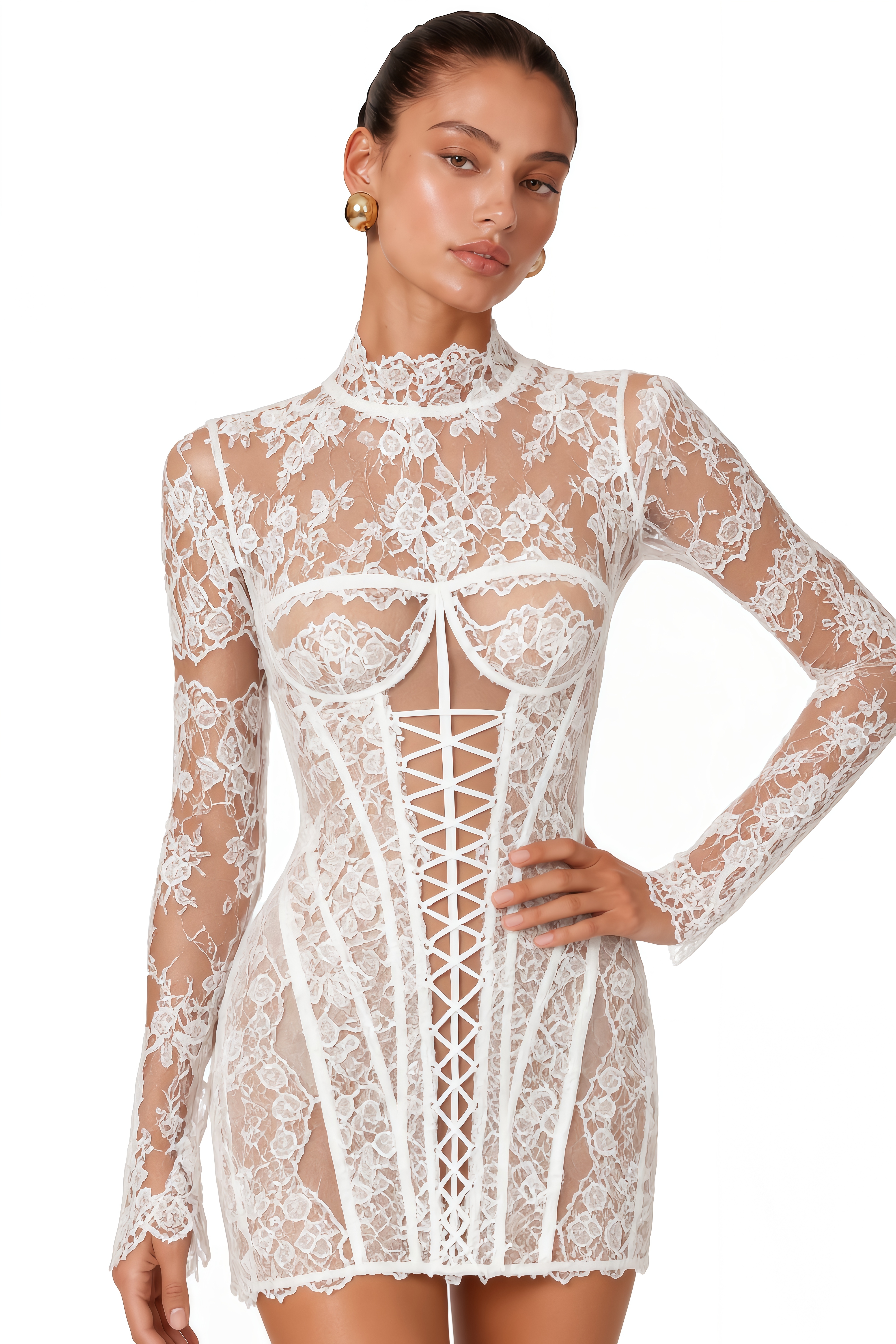 Bulelwa White Semi-Sheer Floral Lace Mini Dress