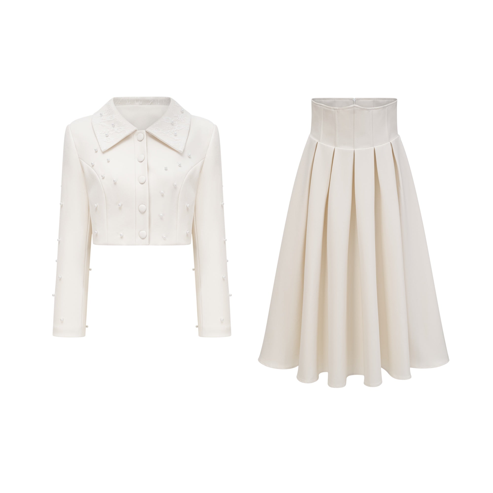  Faux Pearl Jacket & Pleated Skirt Set