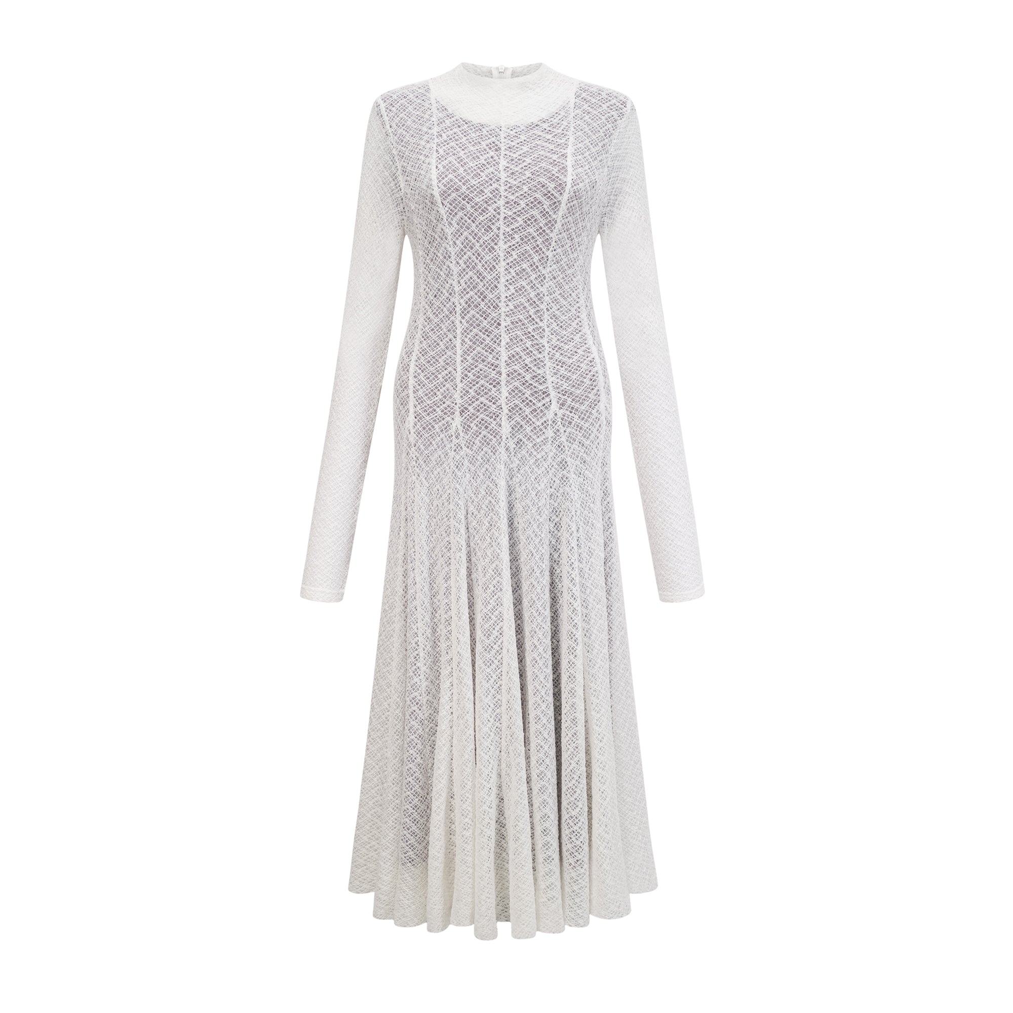 White long-sleeve textured knit gown with a high neck