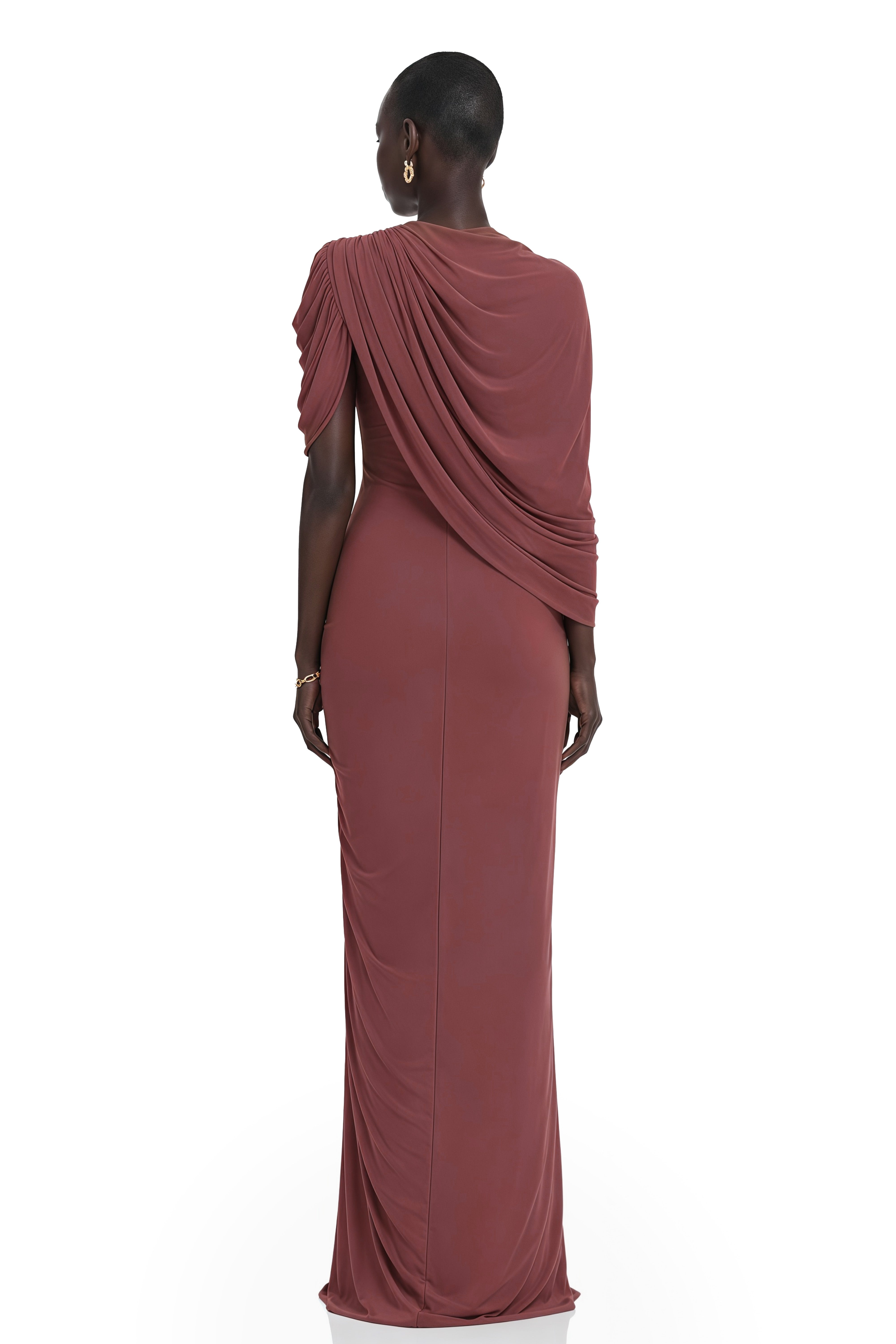 Dusty rose draped one-shoulder gown with center ruching