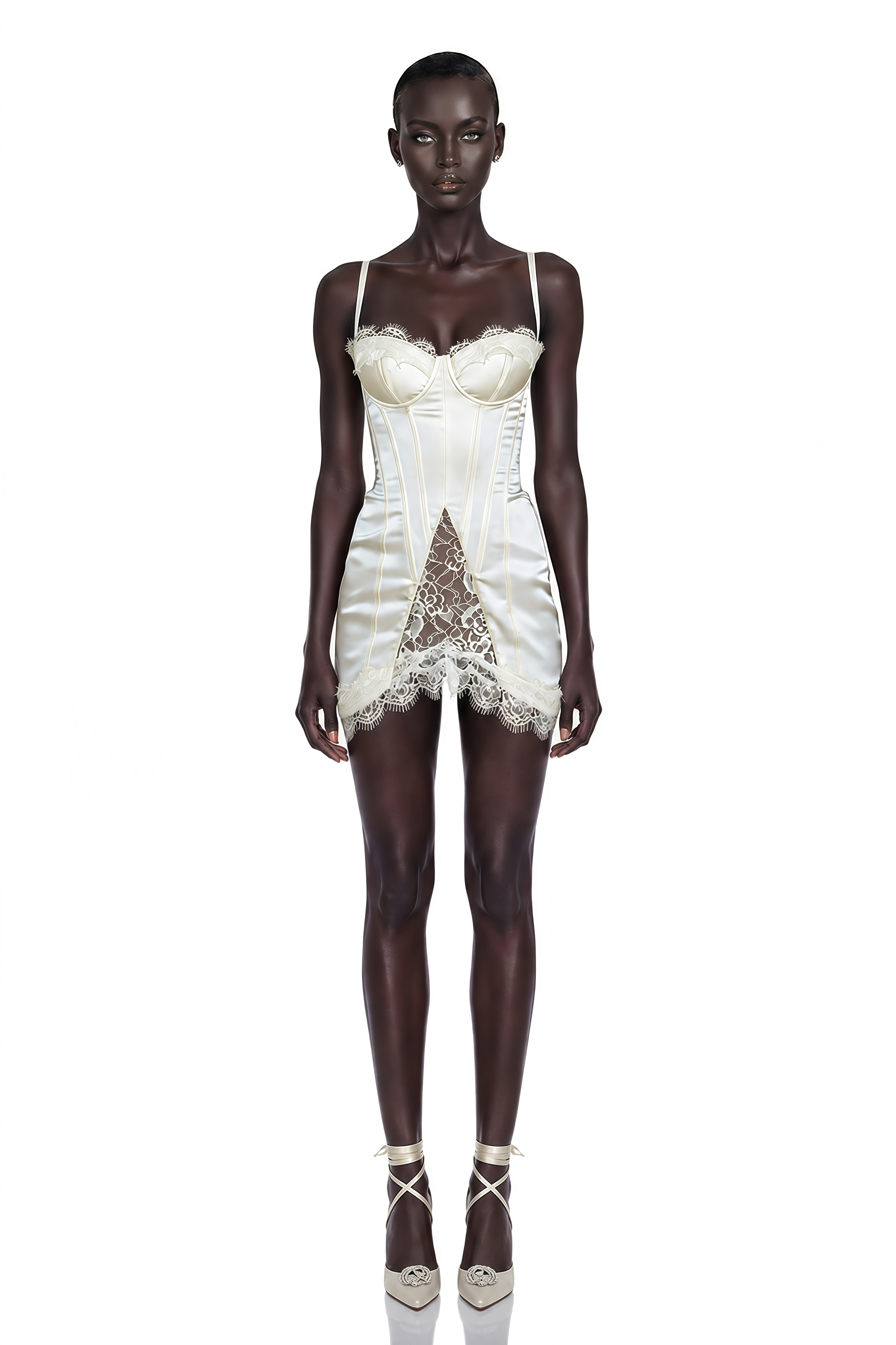 Juliette White Satin Mini Dress with Lace Panels
