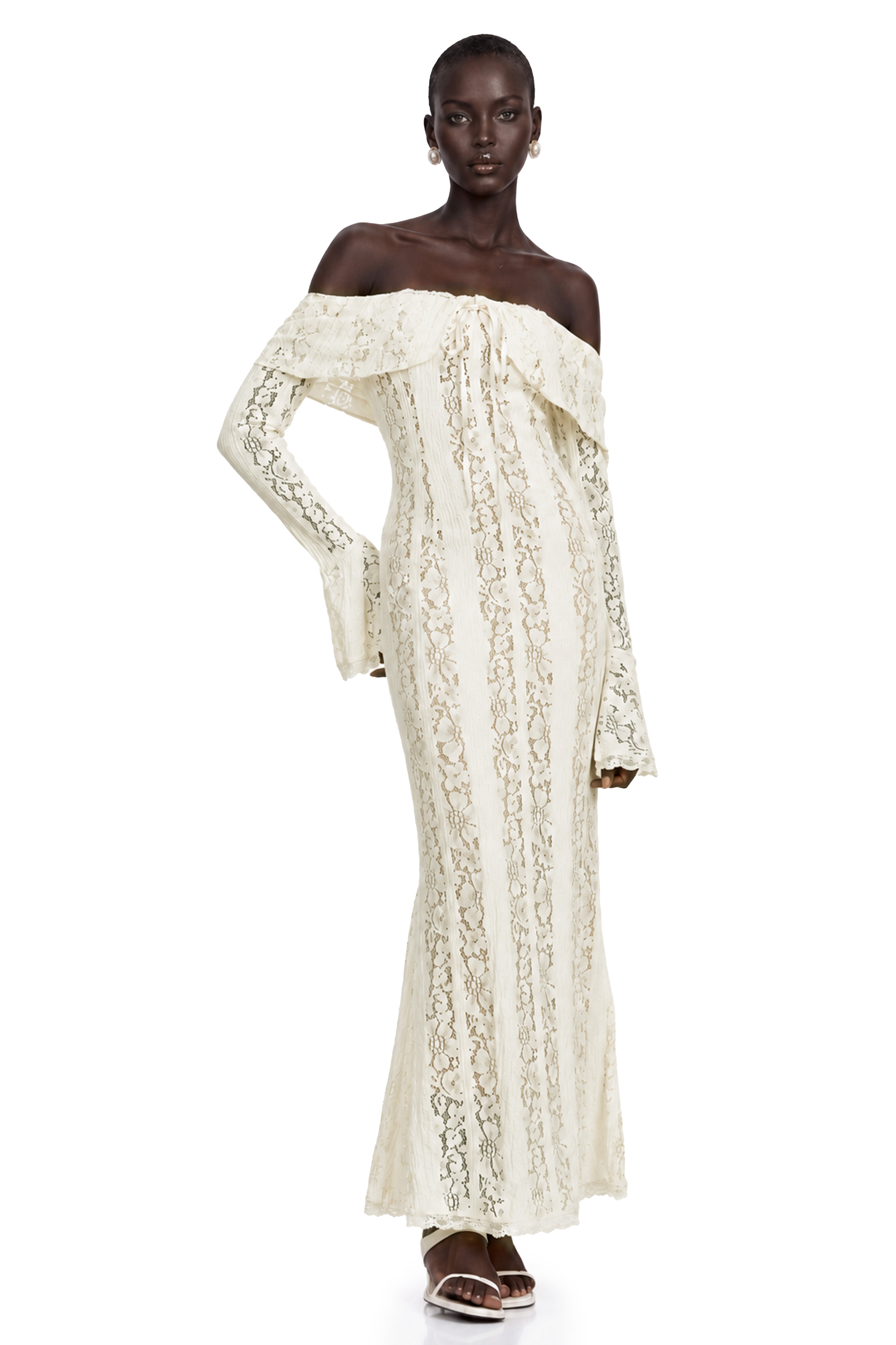 Cream off-the-shoulder lace gown with long bell sleeves