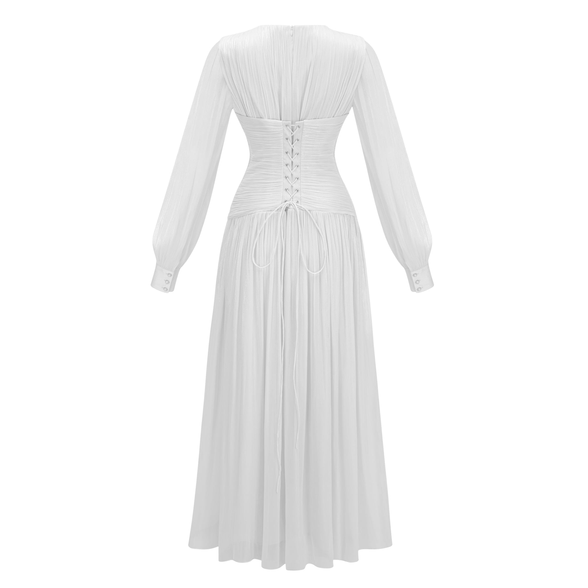 White maxi dress with a ruched bodice, round neckline, and long sheer sleeves