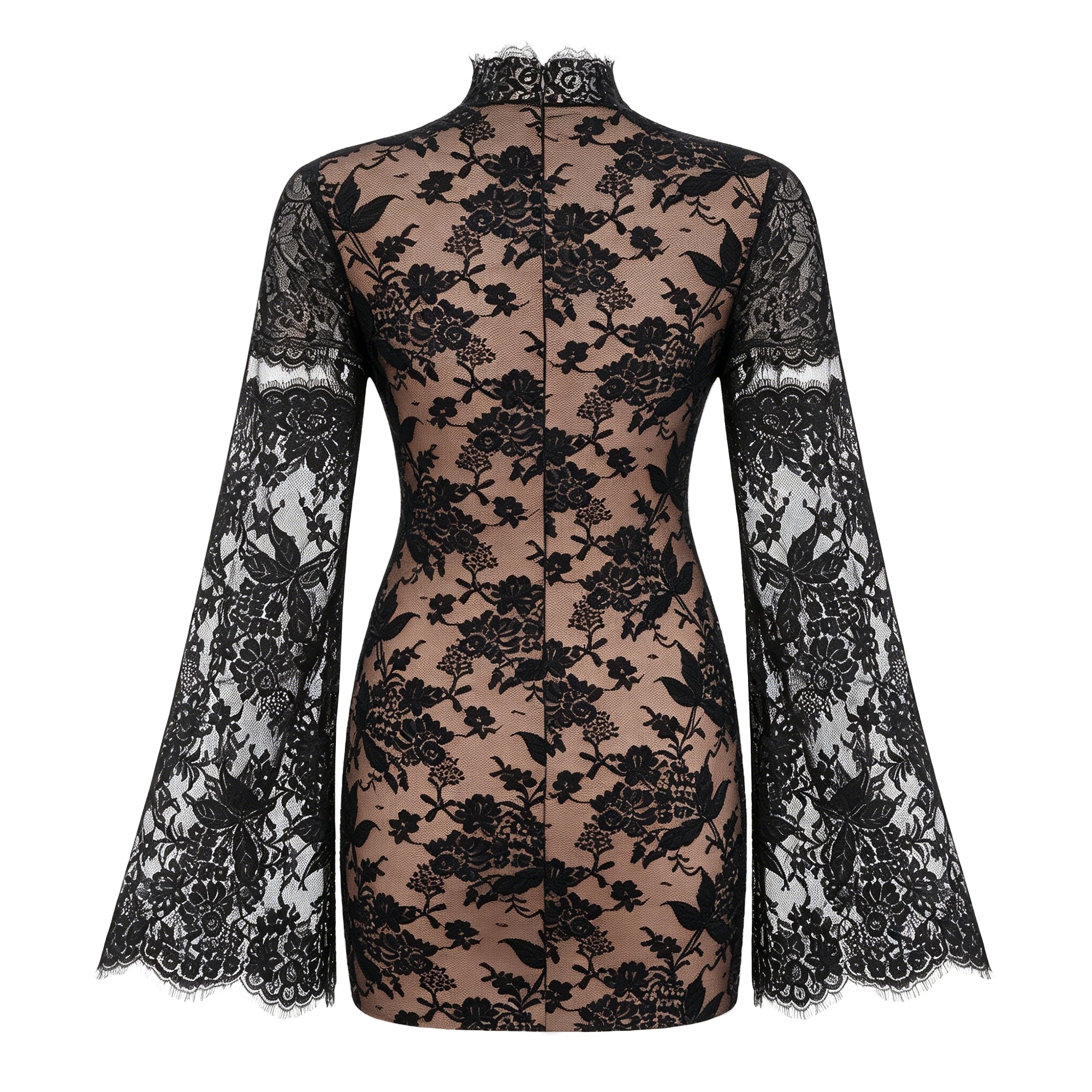 Black lace corset-style mini dress with bell sleeves