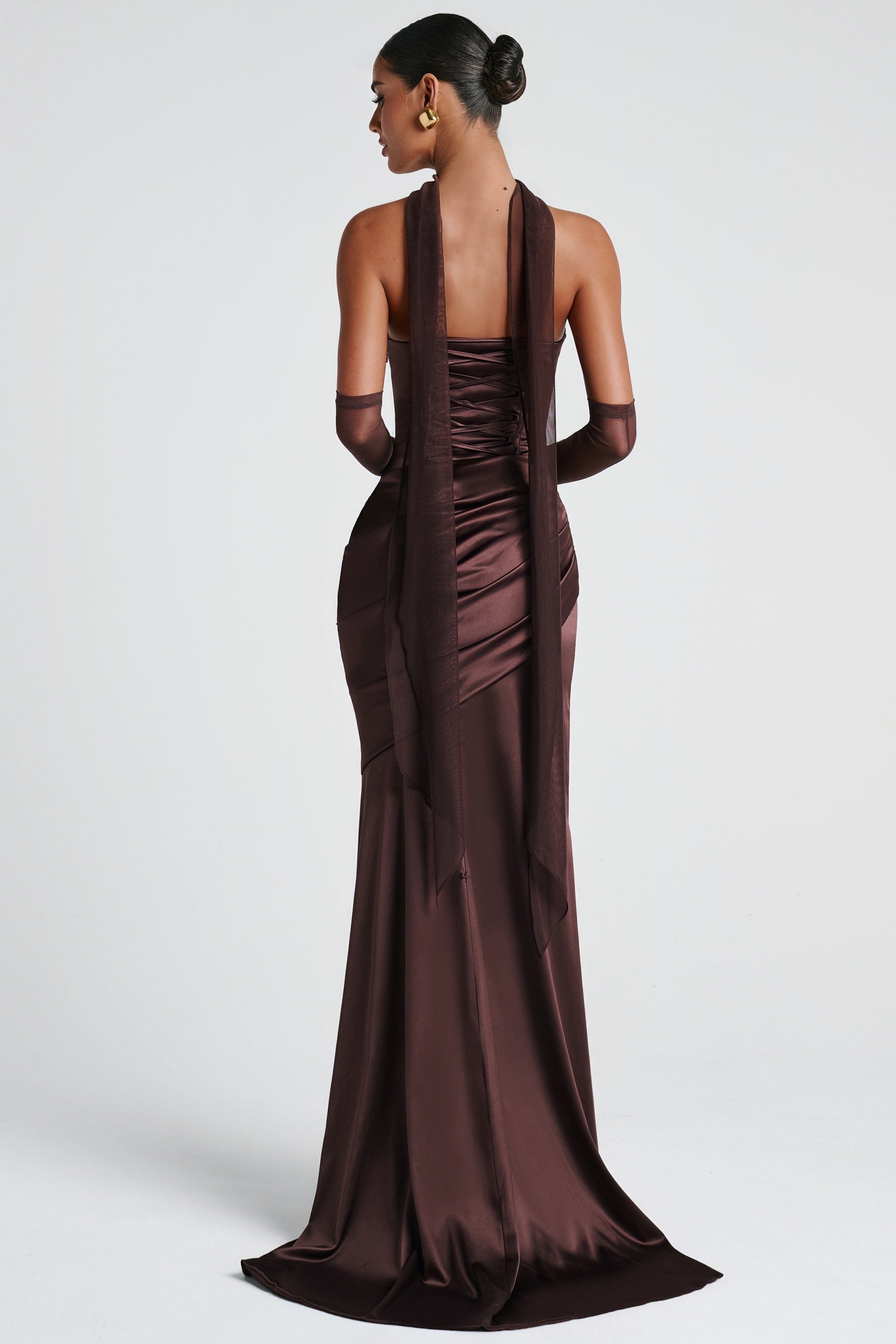 Strapless Ruched Satin Maxi Dress