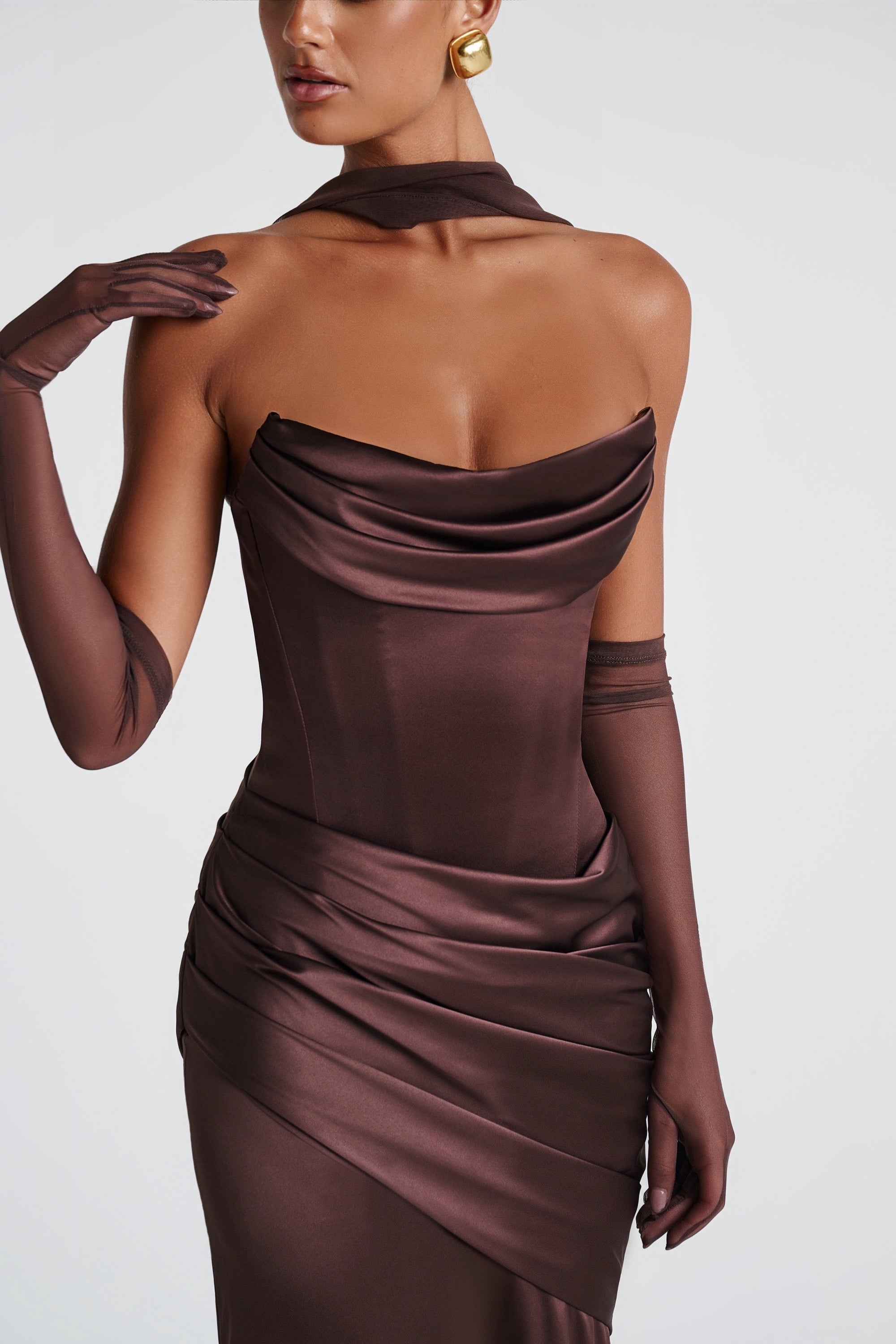 Strapless Ruched Satin Maxi Dress