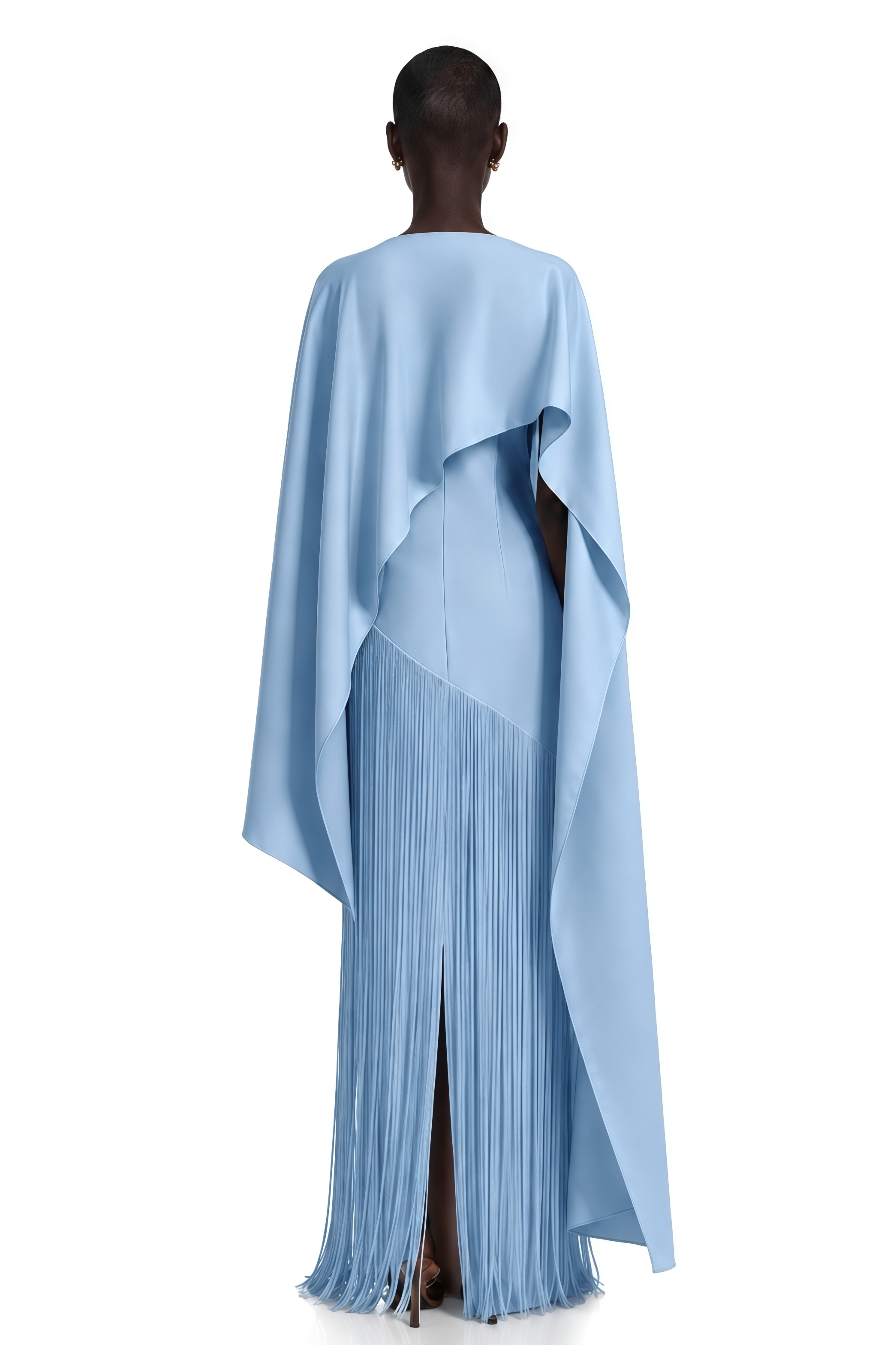 Cayetana Sapphire Blue Fringe Maxi Dress with Cape Effect