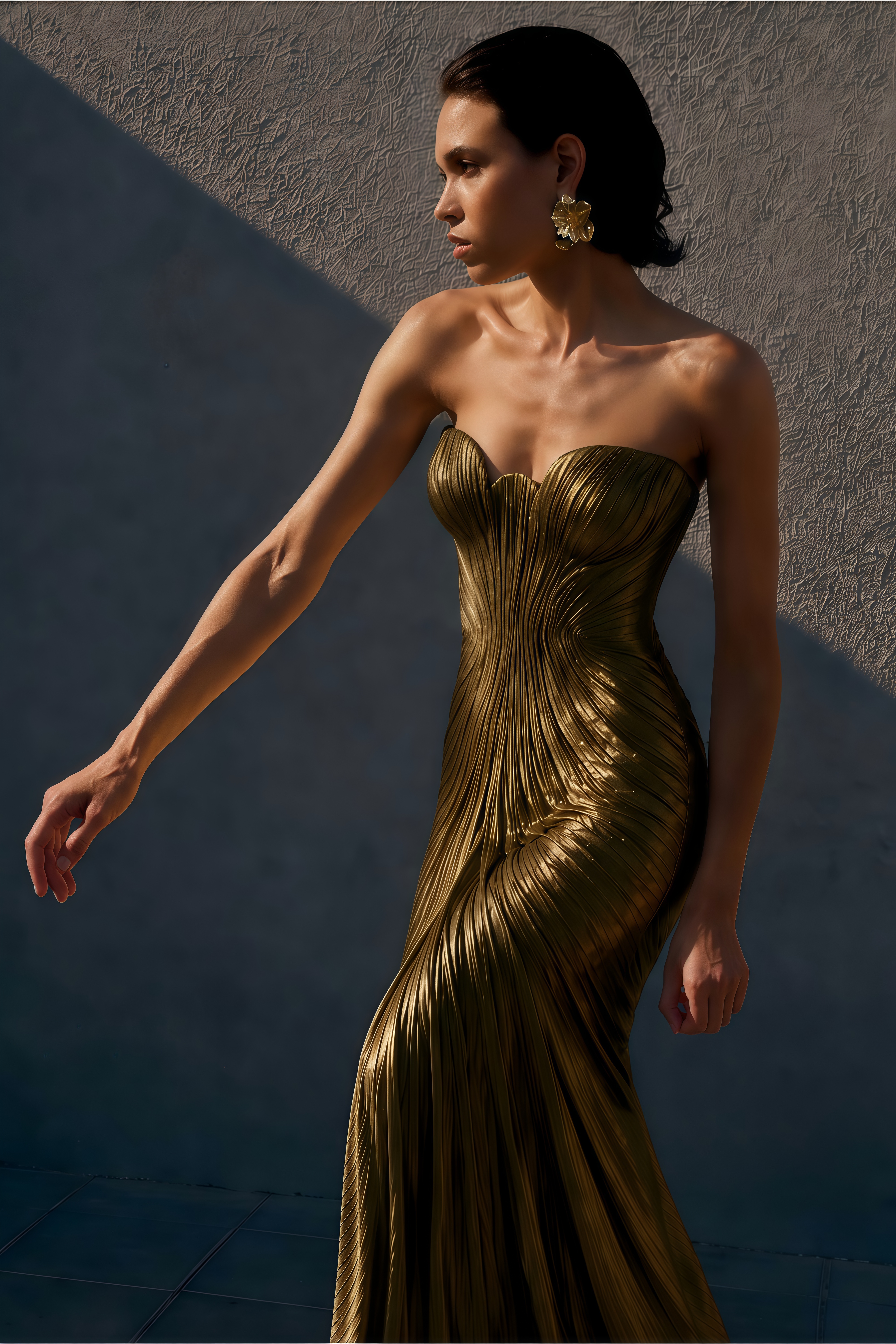 Xrystyna Gold Metallic Ruched Maxi Dress