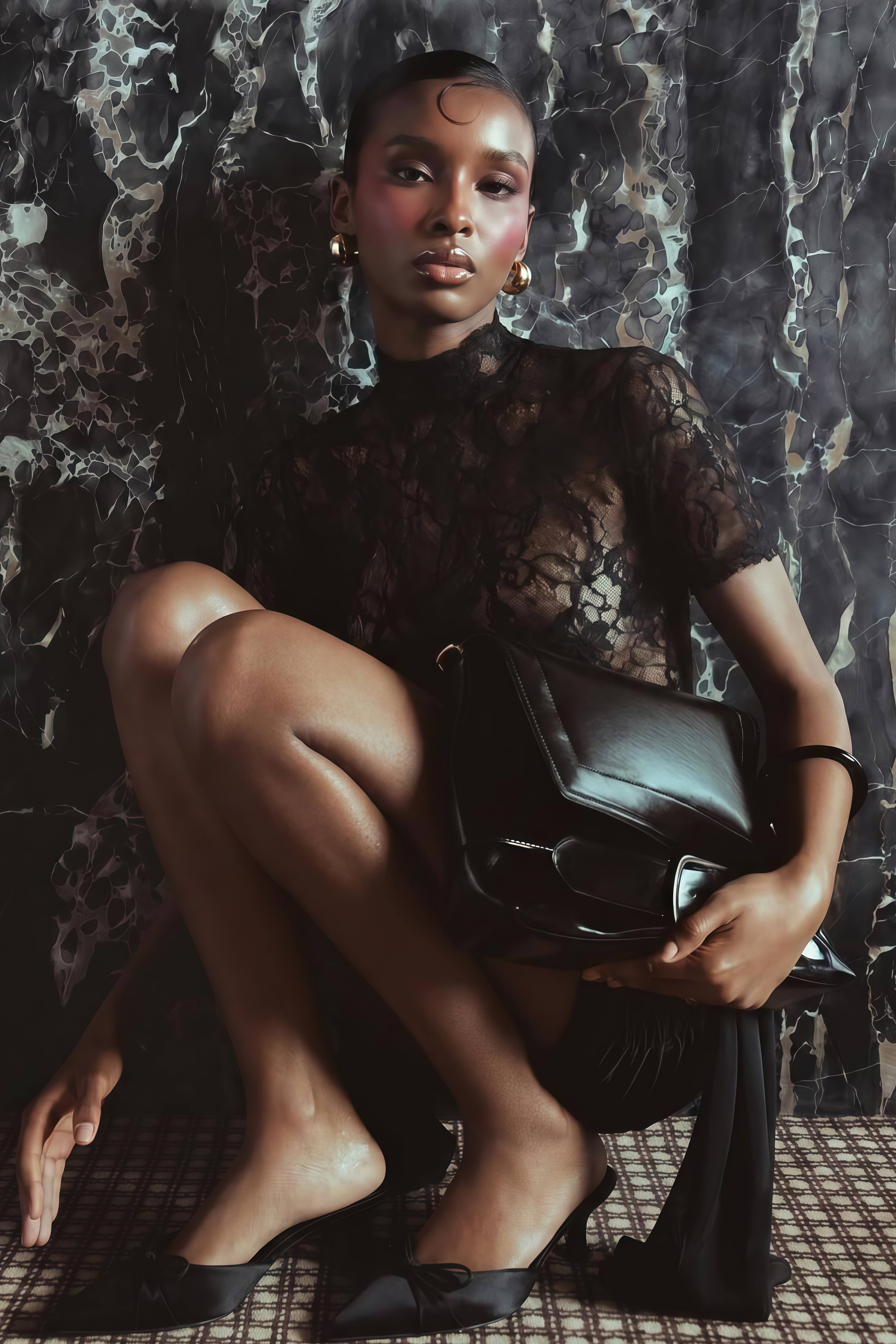 Briseis Black Satin Mini Dress with Floral Lace