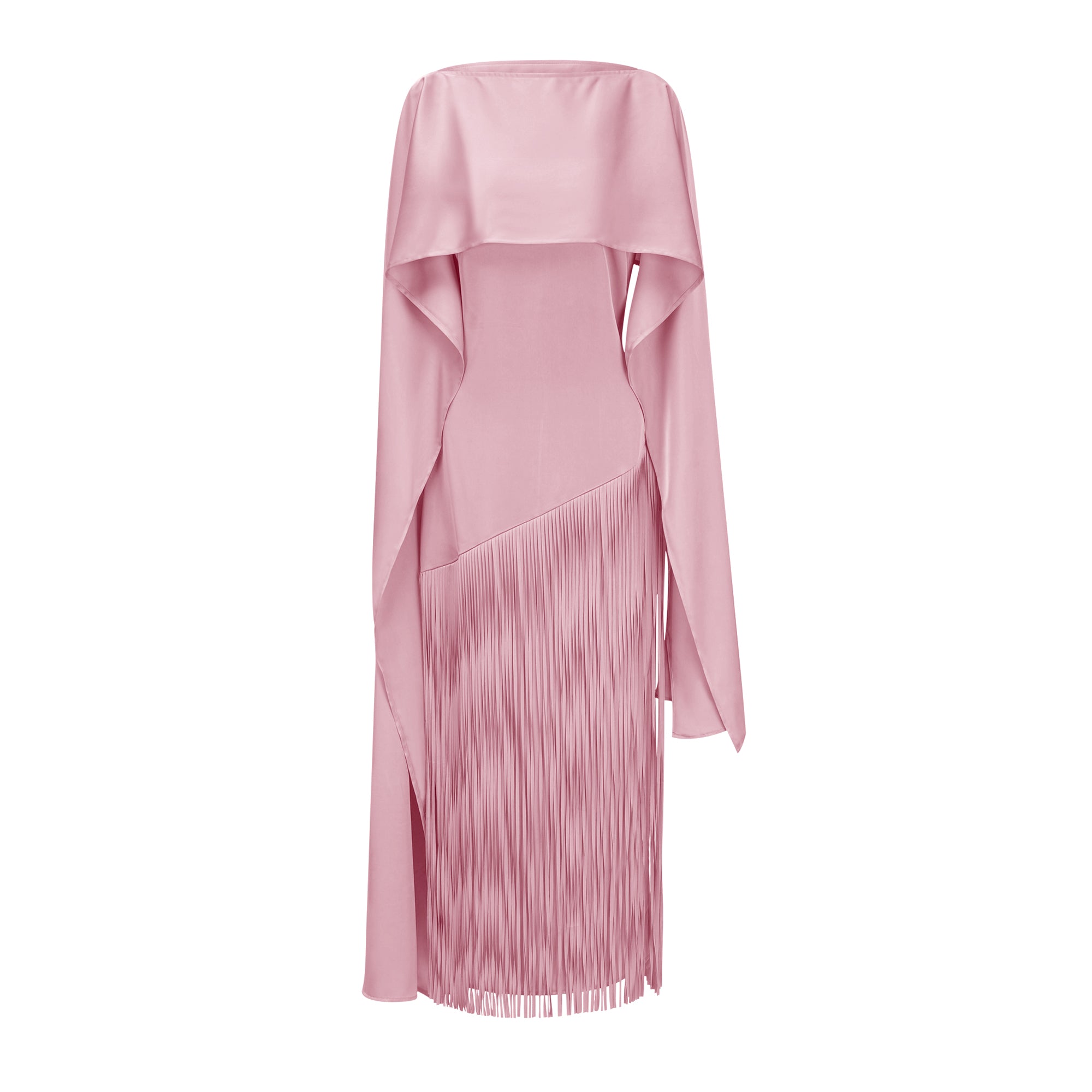 Mauve pink cape-style gown with a long fringed skirt