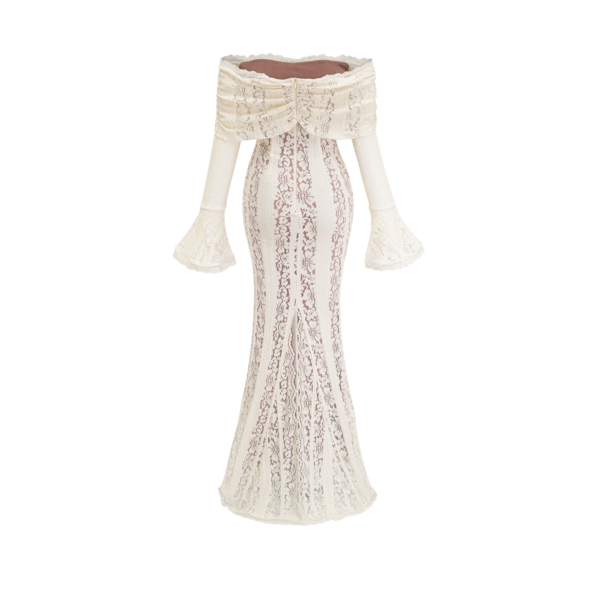 Cream off-the-shoulder lace gown with long bell sleeves
