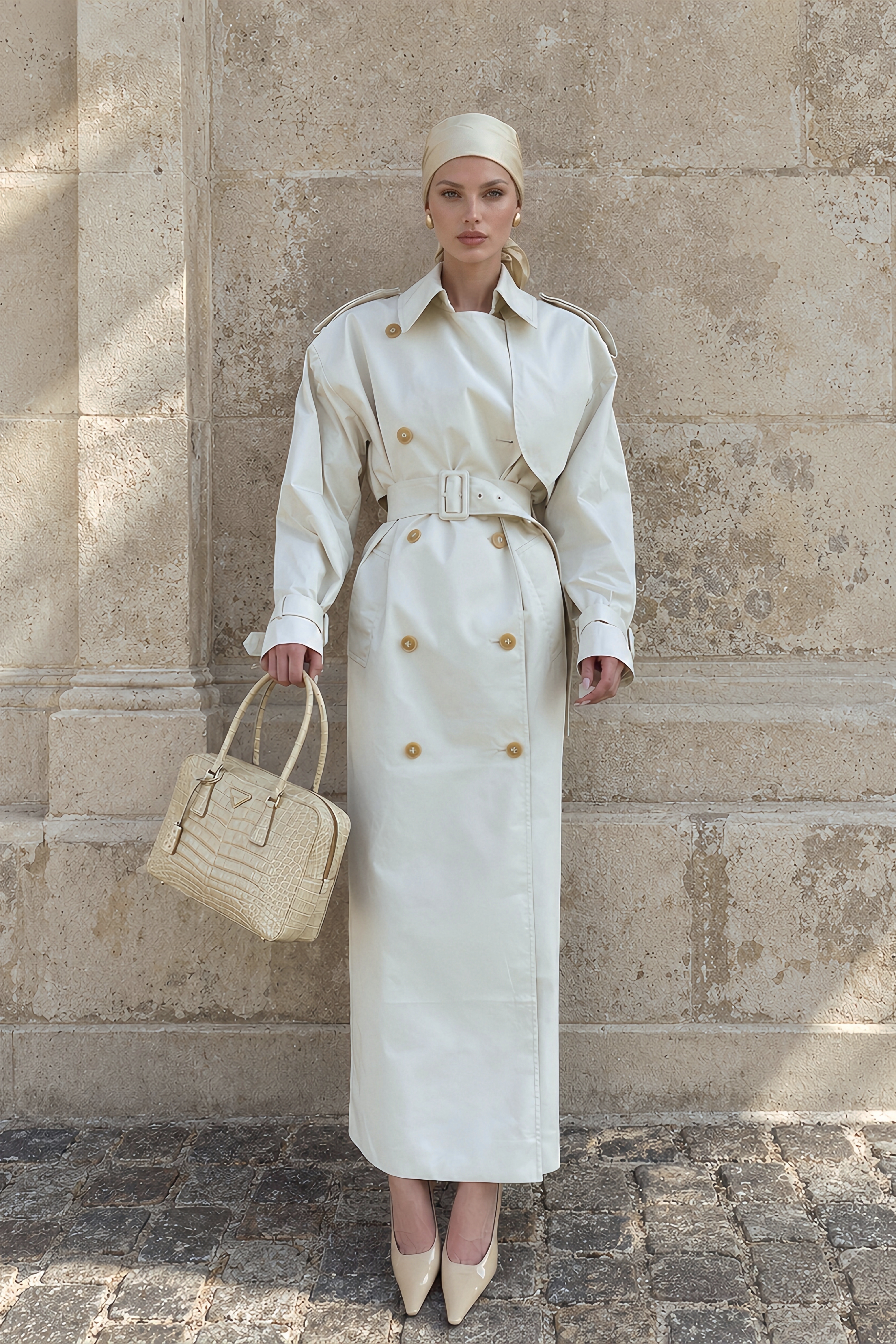 Bruyère White Double-Breasted Long Trench Coat