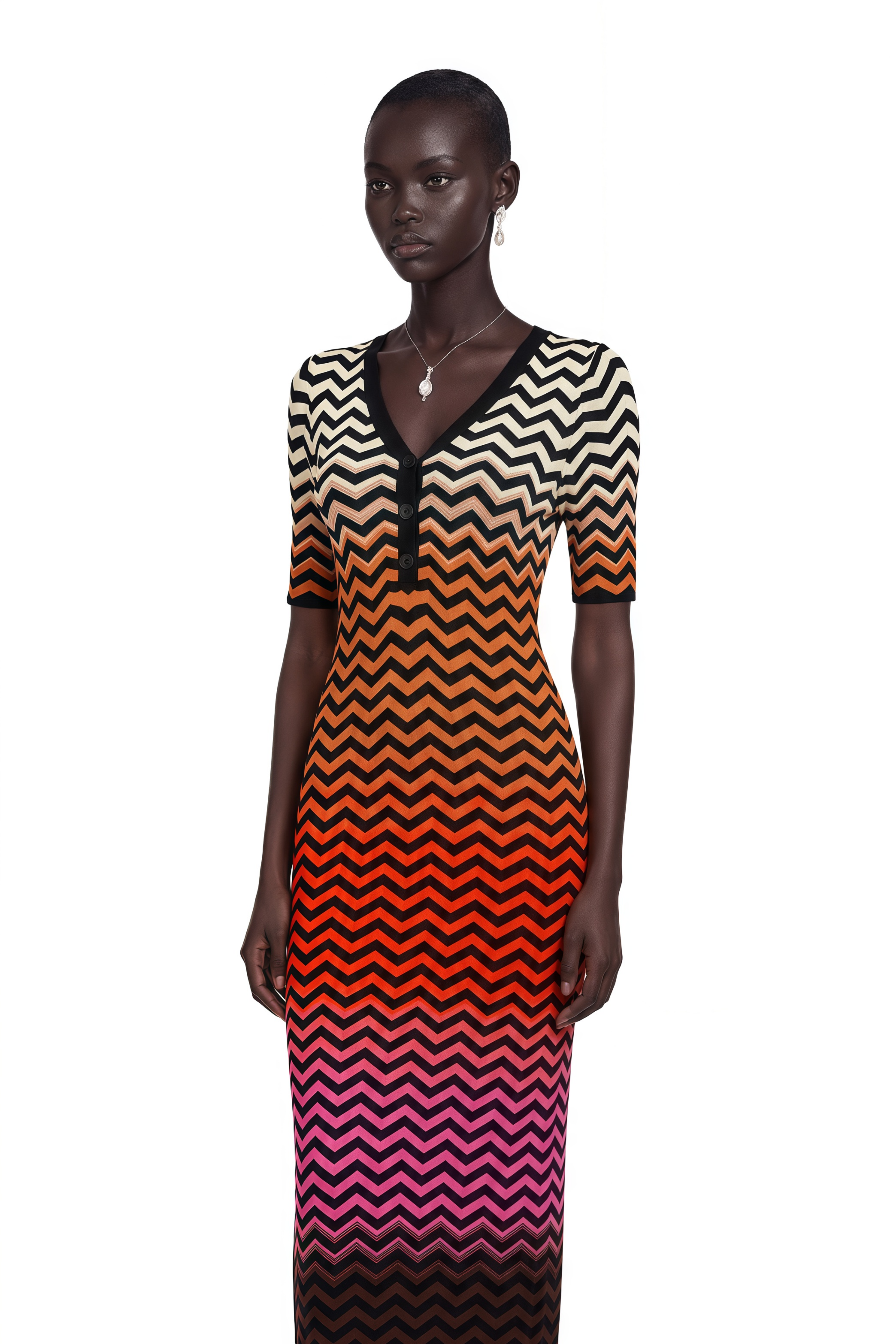 Charitina Brown Gradient Zigzag Knit Midi Dress