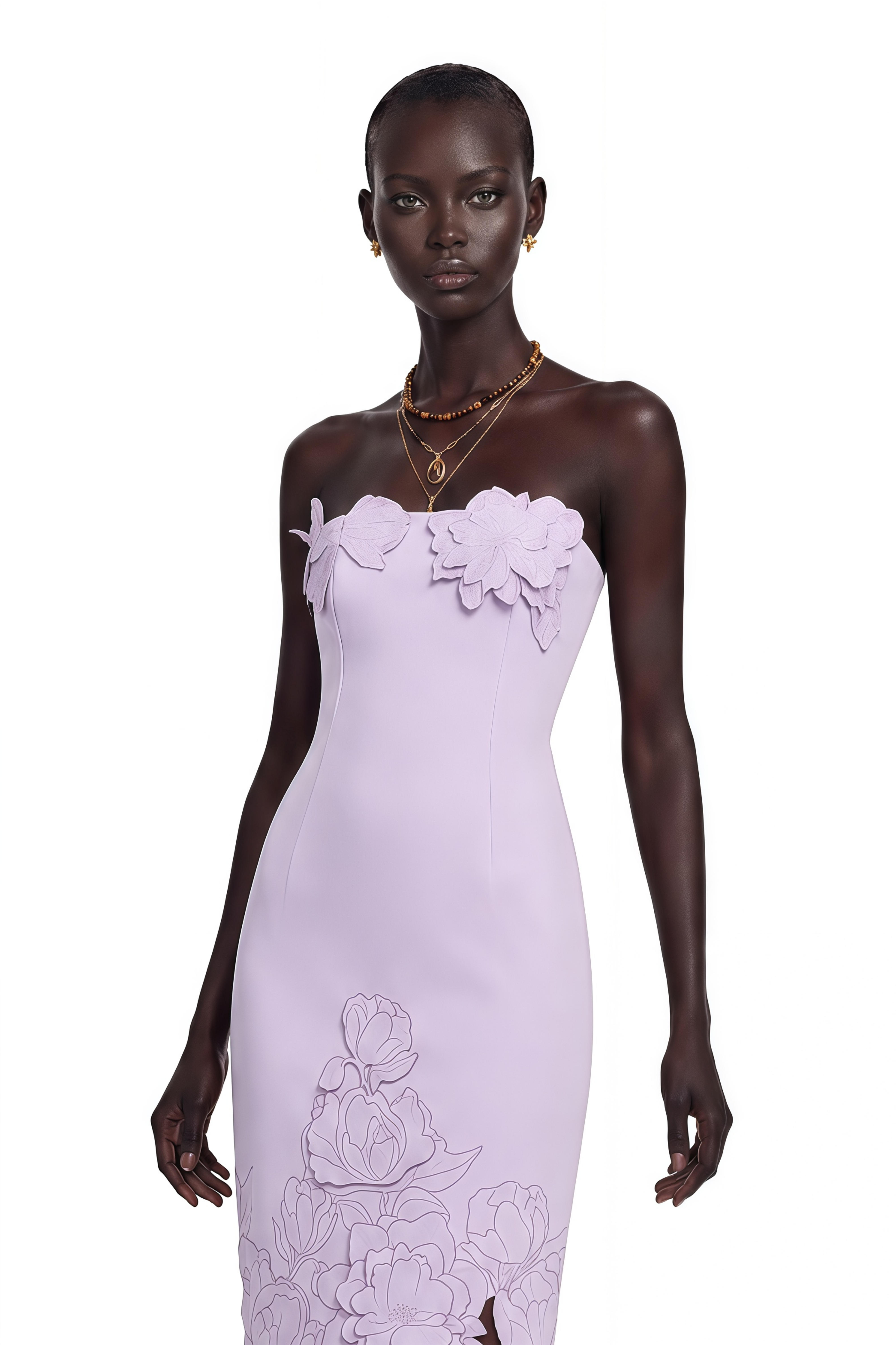 Lavender strapless midi dress with 3D floral appliqués and a cutout floral hem