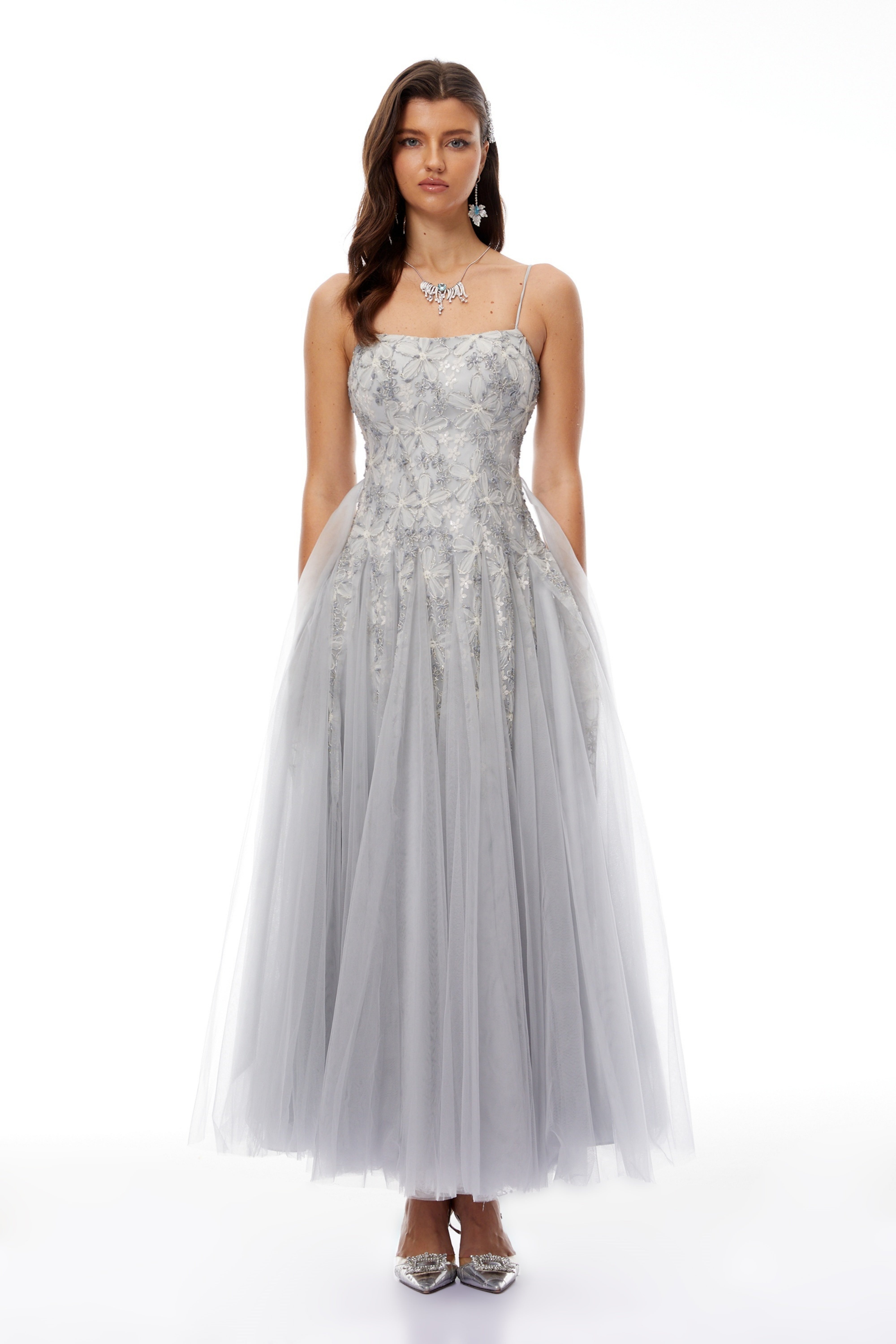 Adalynn Grey Floral Embroidered Tulle Maxi Dress – Miss Rosier