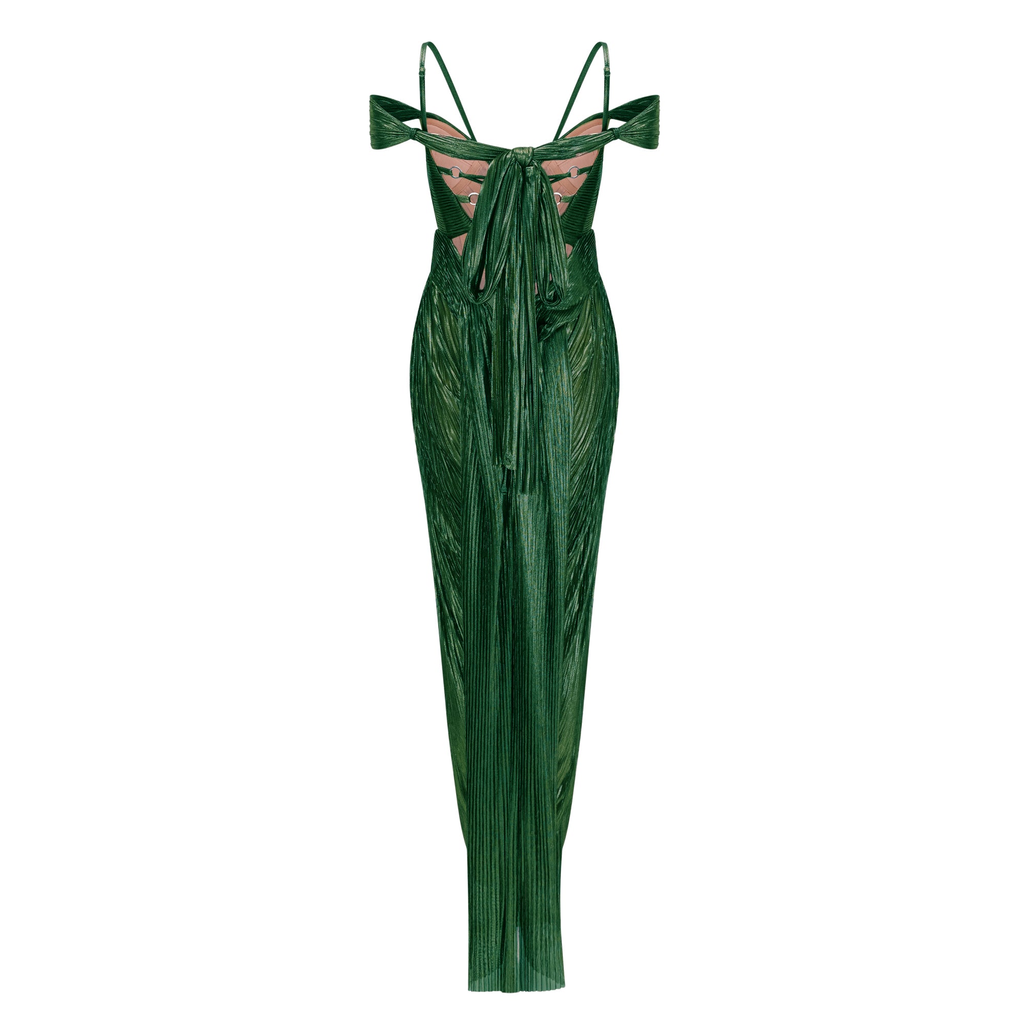 Emerald green metallic pleated maxi dress featuring a plunging V-neckline with off-the-shoulder straps