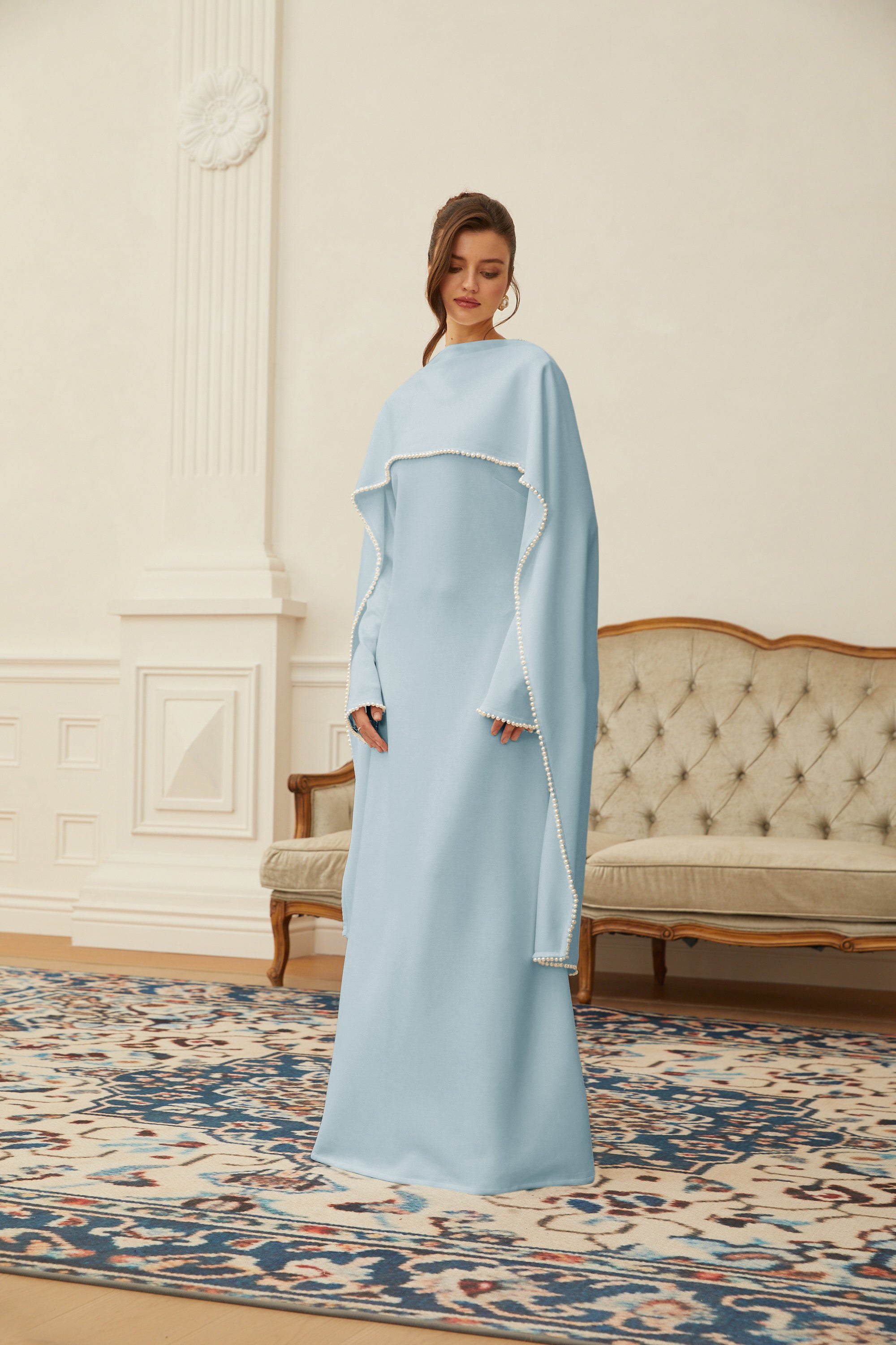 Pearl Trim Shawl Detail Maxi Dress